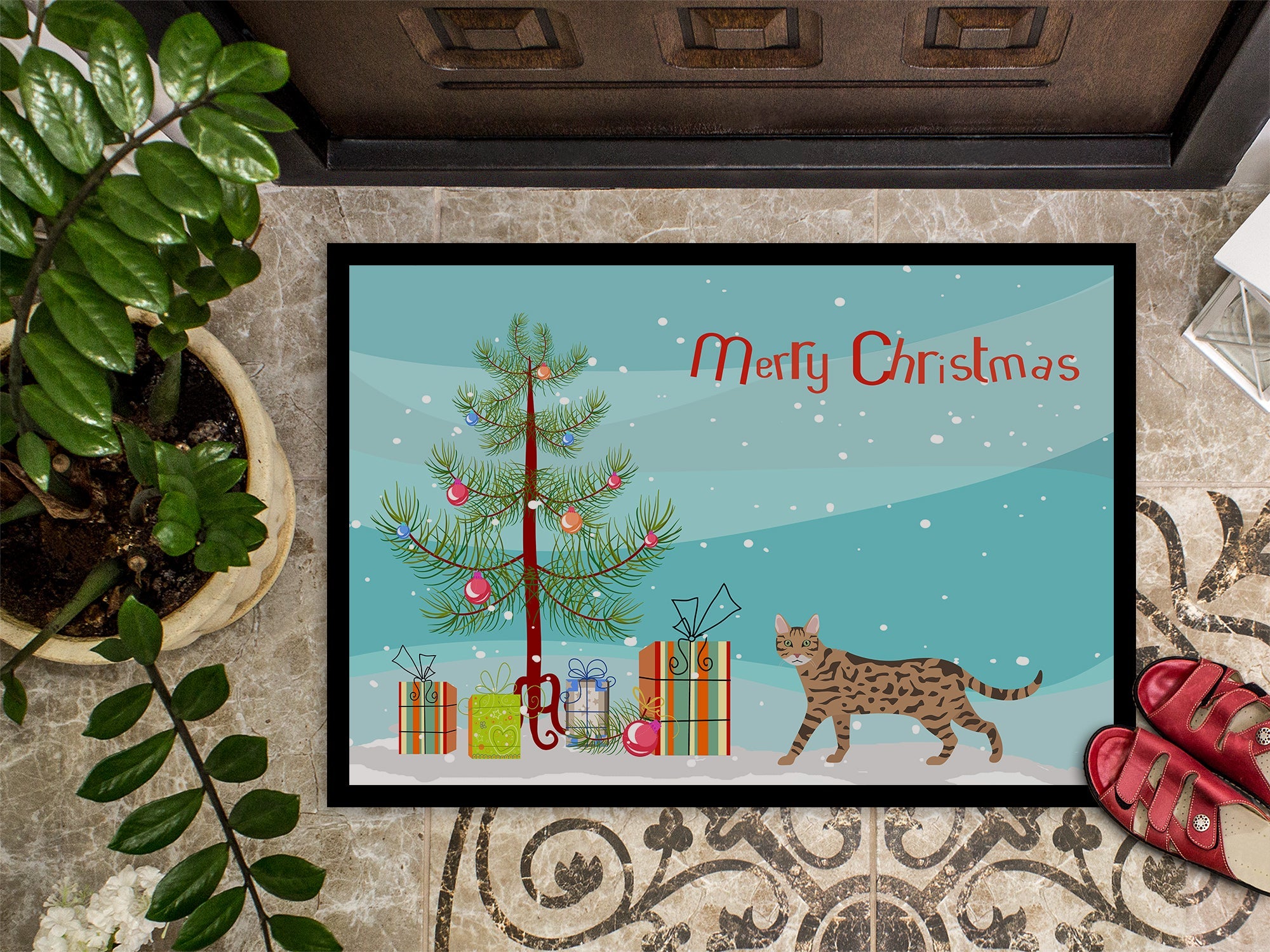 Serengeti Cat Christmas Doormat Indoor Outdoor 18H X 27W Front Door Mat Rugs for Entryway, Non Slip Washable