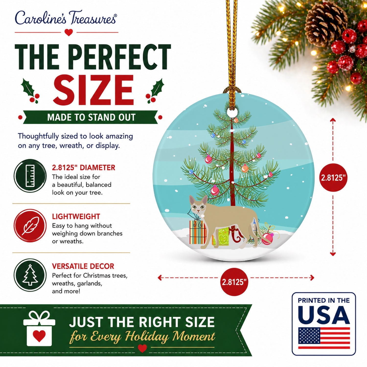 Singapura Cat Christmas Ceramic Ornament Christmas Tree Hanging Decorations for Home Christmas Holiday, Party, Gift, 3 in, Multicolor