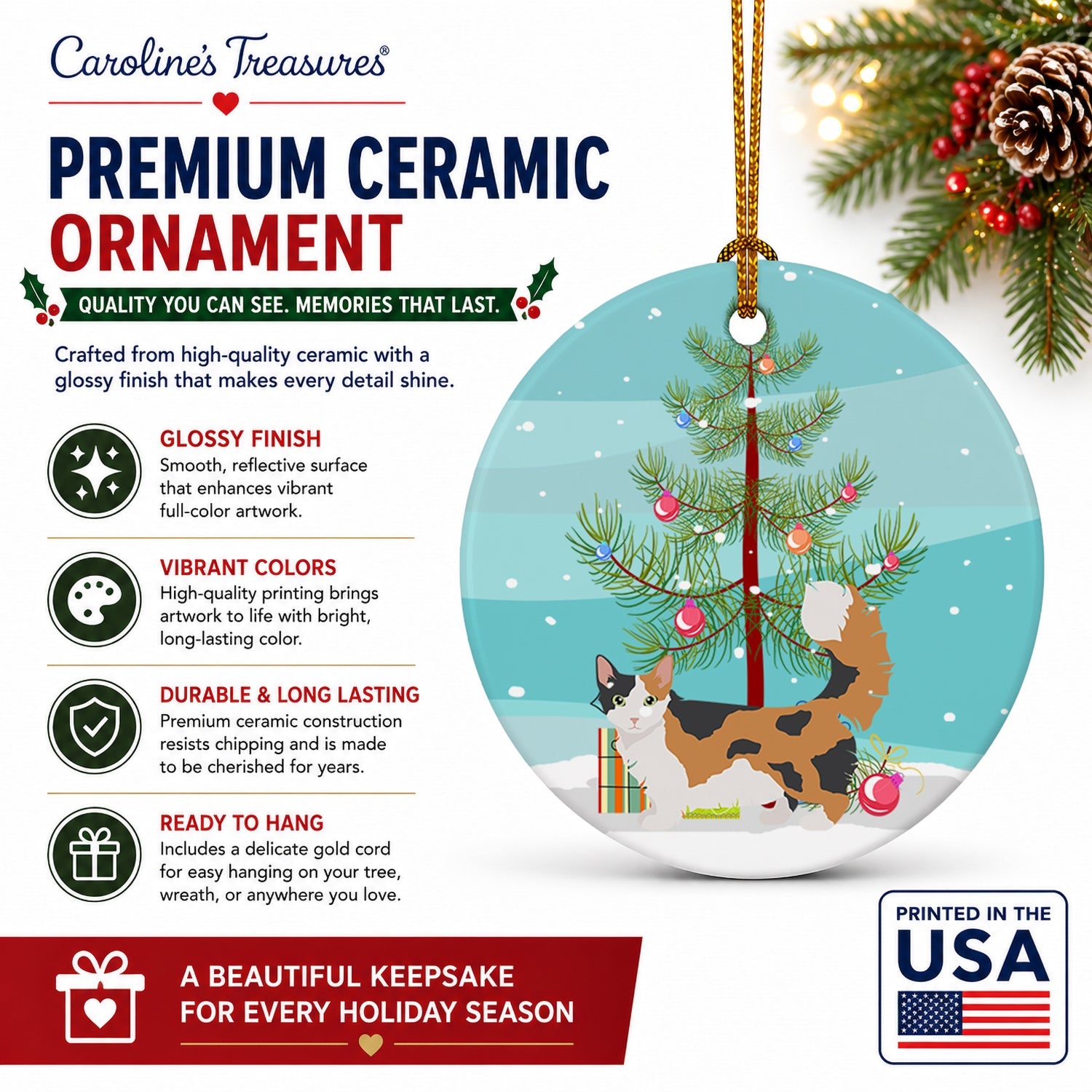 Skookum Cat Christmas Ceramic Ornament Christmas Tree Hanging Decorations for Home Christmas Holiday, Party, Gift, 3 in, Multicolor