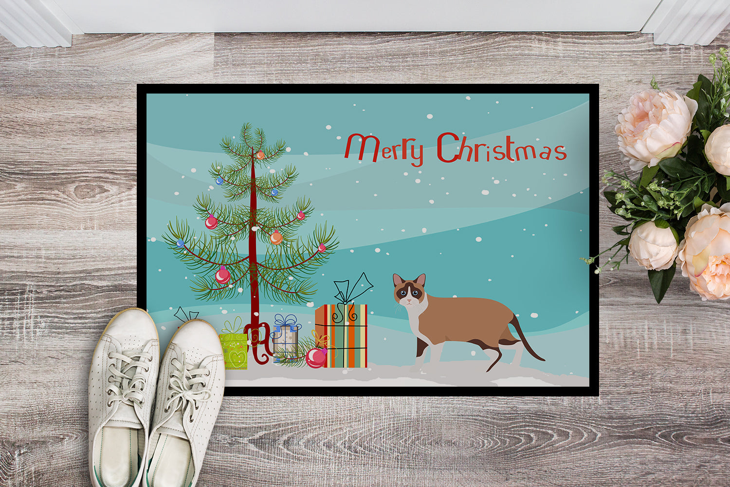 Snowshoe Cat Christmas Doormat Indoor Outdoor 24H X 36W Front Door Mat Rugs for Entryway, Non Slip Washable Low Pile,