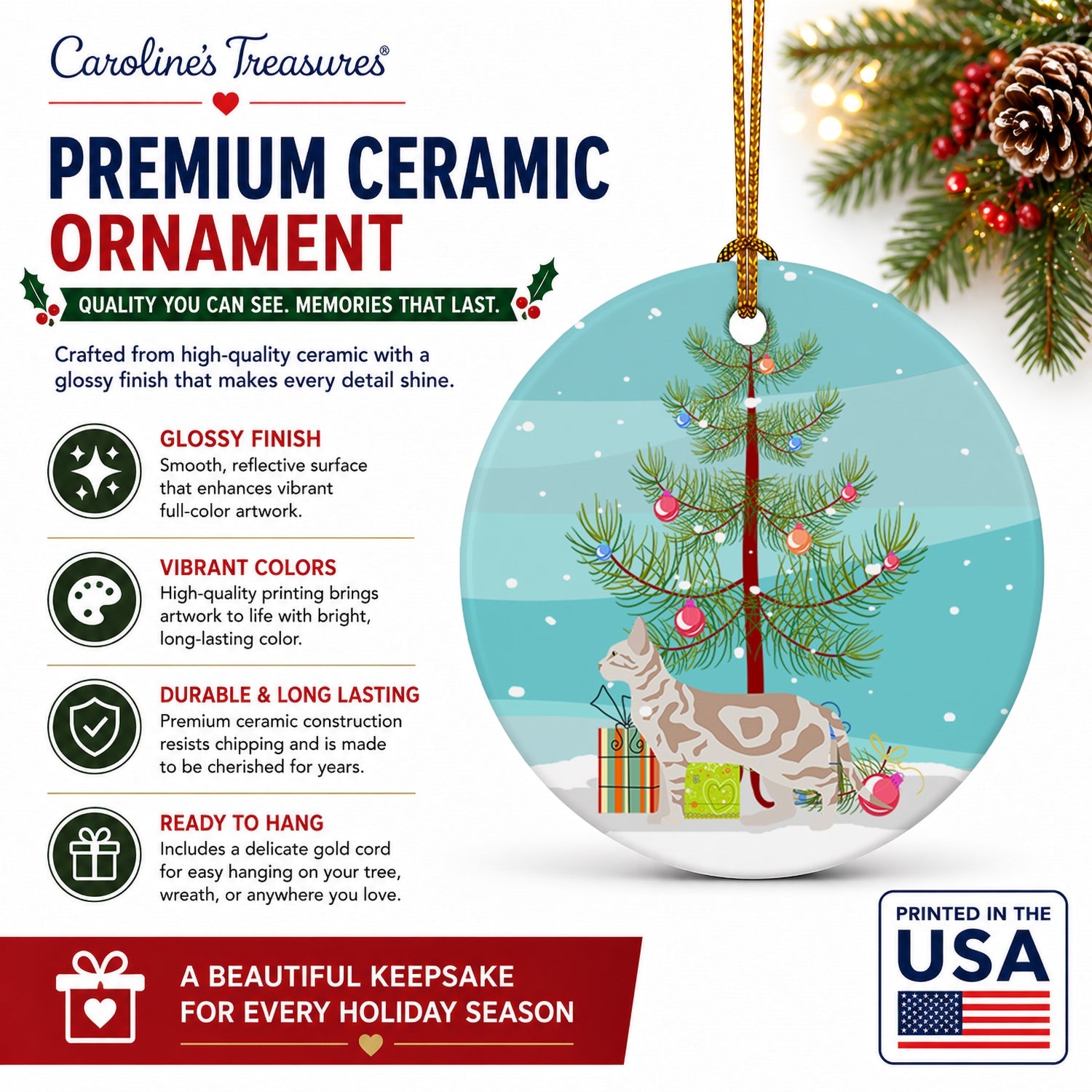 Sokoke Cat Christmas Ceramic Ornament Christmas Tree Hanging Decorations for Home Christmas Holiday, Party, Gift, 3 in, Multicolor