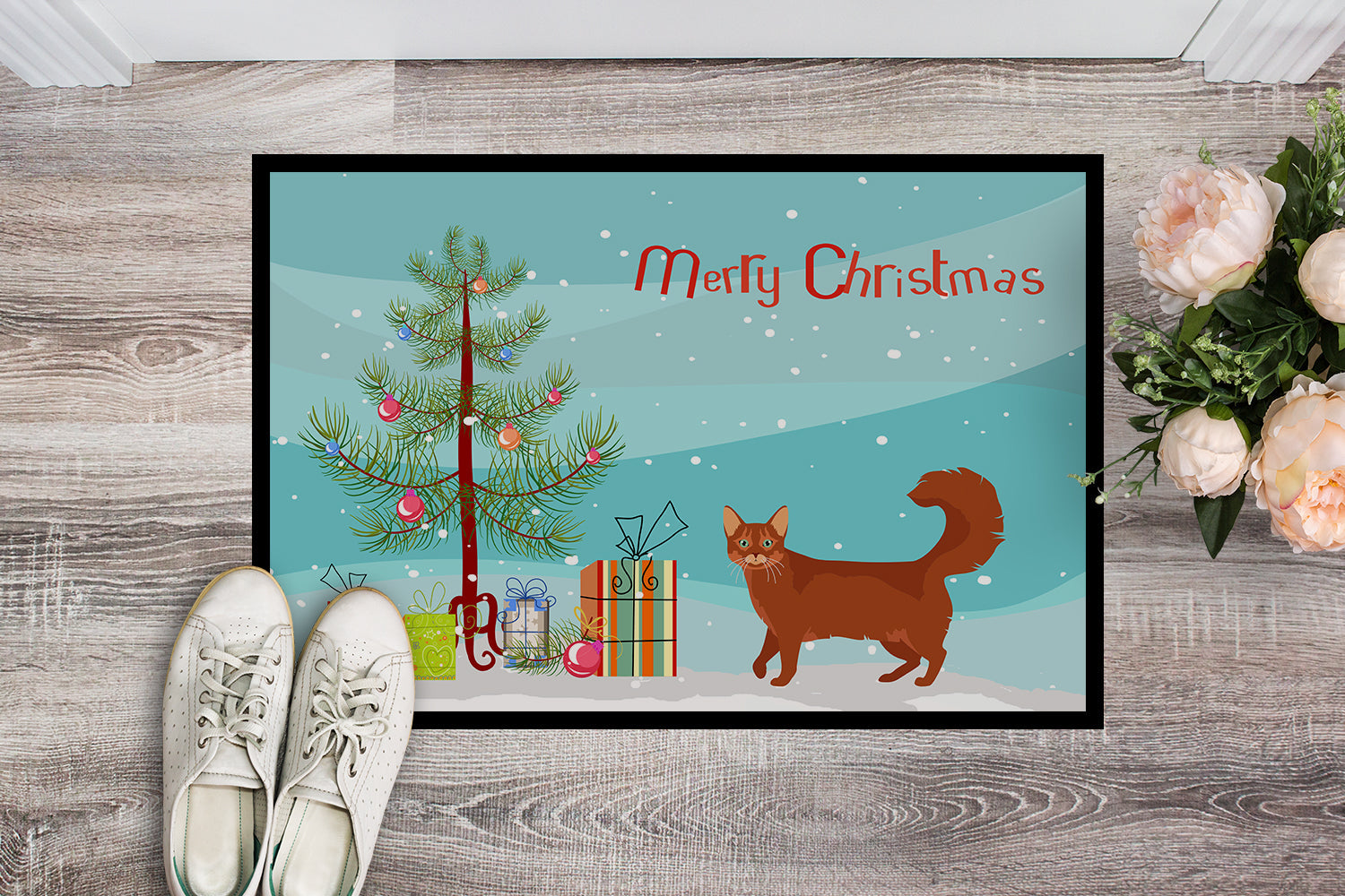 Somali Cat Christmas Doormat Indoor Outdoor 24H X 36W Front Door Mat Rugs for Entryway, Non Slip Washable Low Pile,