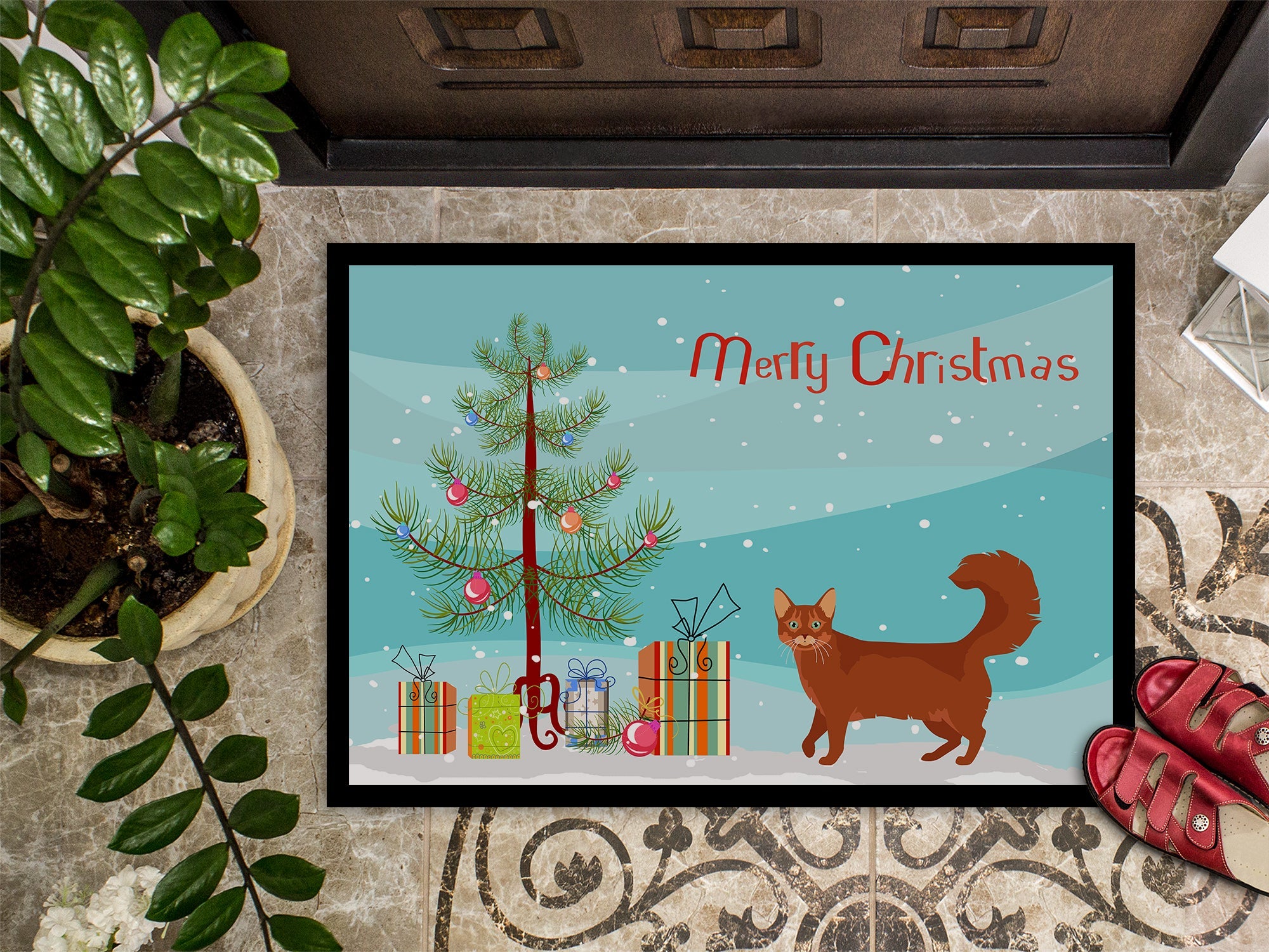 Somali Cat Christmas Doormat Indoor Outdoor 24H X 36W Front Door Mat Rugs for Entryway, Non Slip Washable Low Pile,