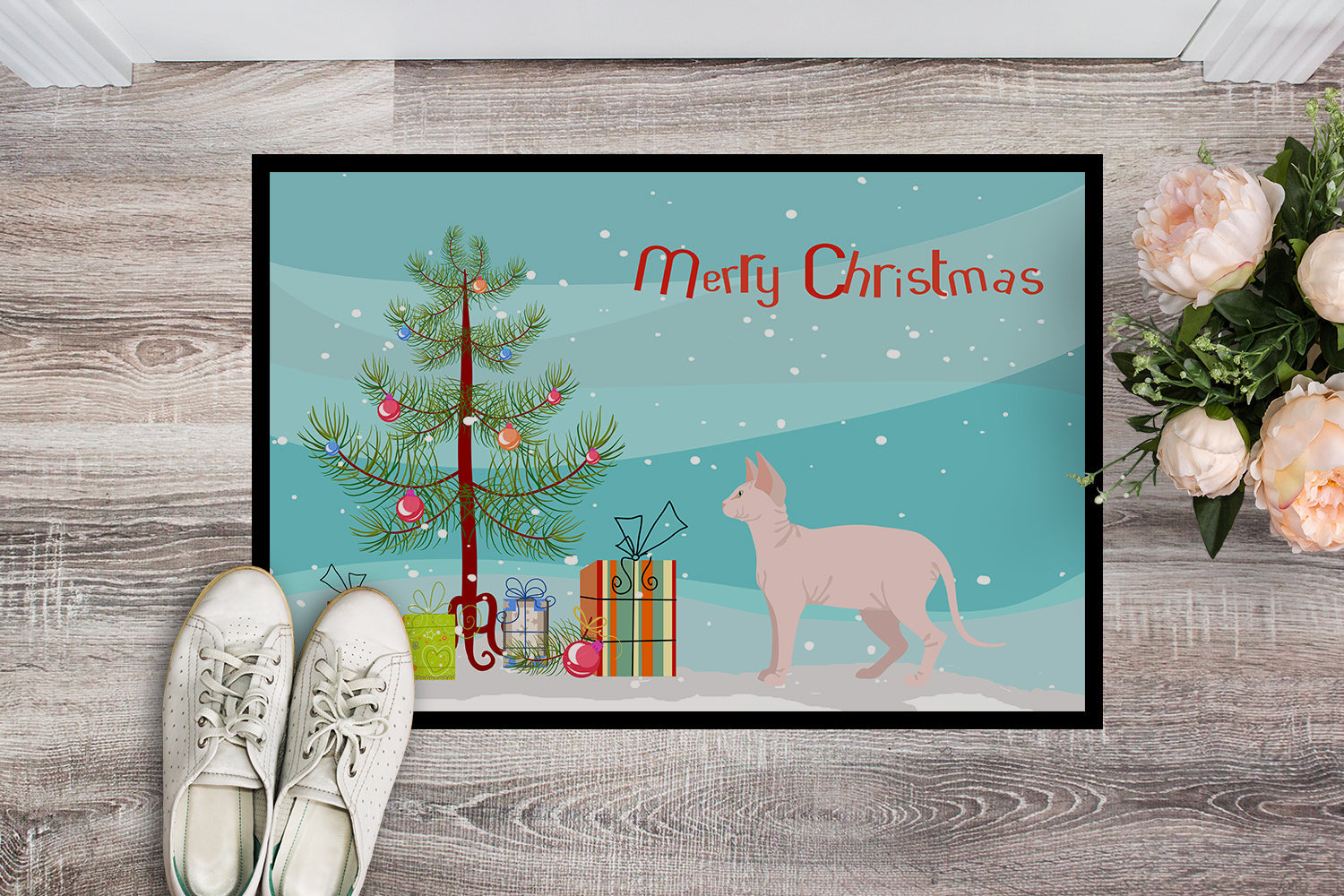 Sphynx Cat Christmas Doormat Indoor Outdoor 18H X 27W Front Door Mat Rugs for Entryway, Non Slip Washable