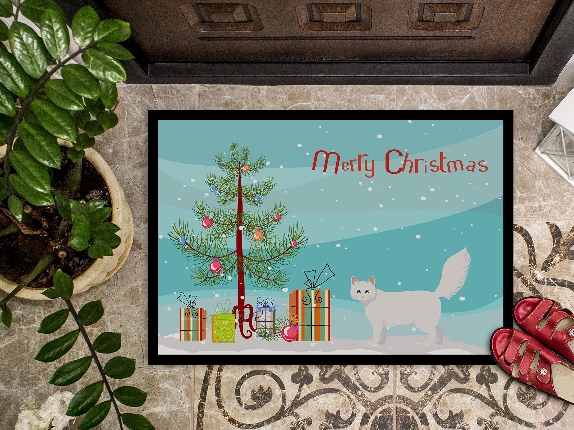 Turkish Angora Cat Christmas Doormat Indoor Outdoor 18H X 27W Front Door Mat Rugs for Entryway, Non Slip Washable