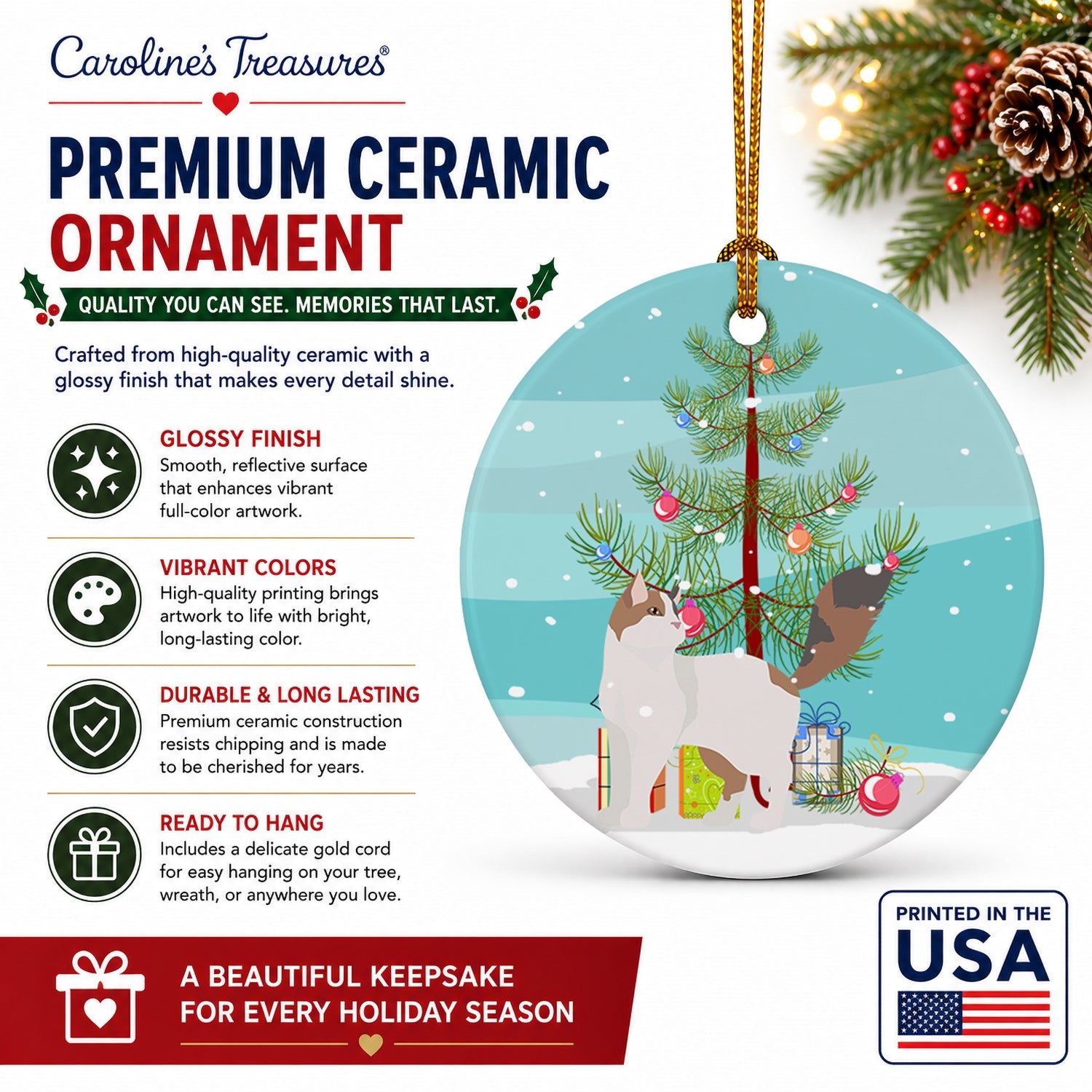 Turkish Van Cat Christmas Ceramic Ornament Christmas Tree Hanging Decorations for Home Christmas Holiday, Party, Gift, 3 in, Multicolor