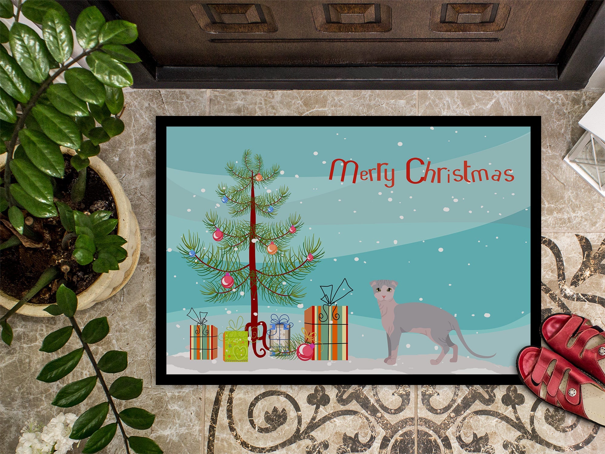 Ukrainian Levkoy Cat Christmas Doormat Indoor Outdoor 18H X 27W Front Door Mat Rugs for Entryway, Non Slip Washable