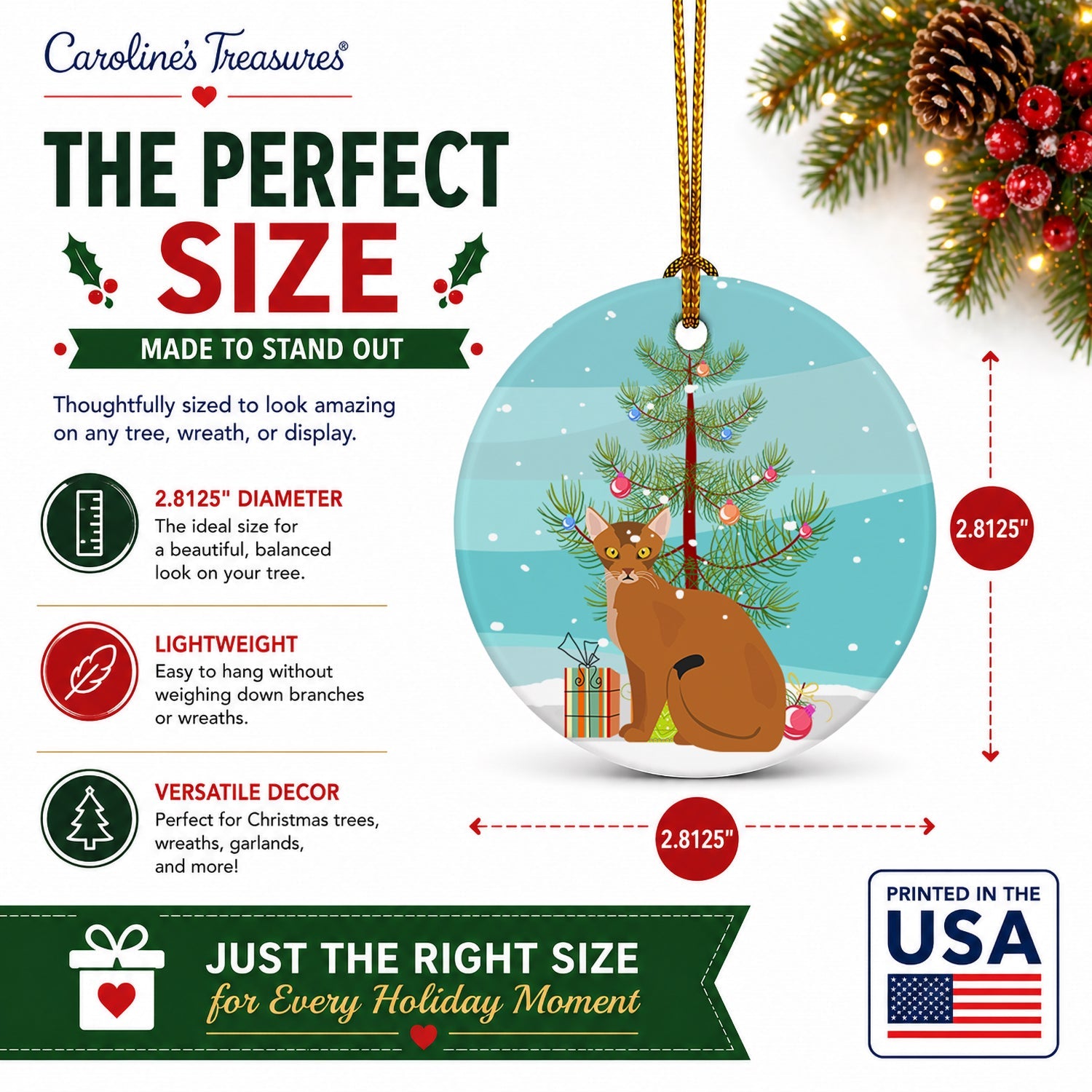 Abyssinian Cat Christmas Ceramic Ornament Christmas Tree Hanging Decorations for Home Christmas Holiday, Party, Gift, 3 in, Multicolor