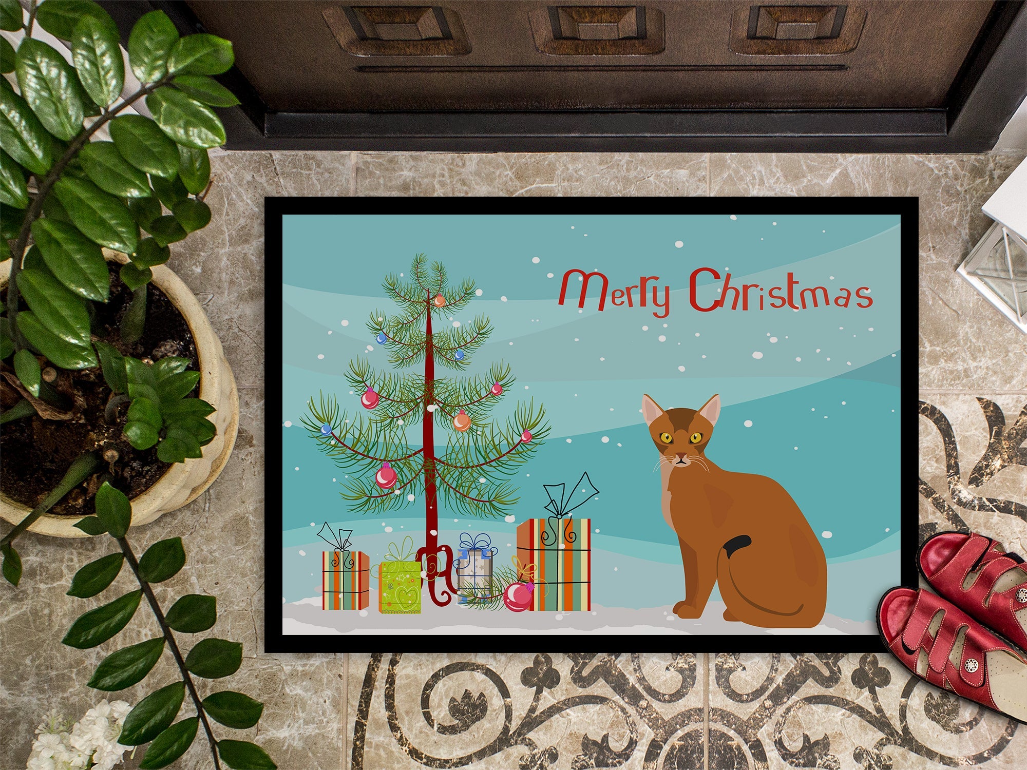 Abyssinian Cat Christmas Doormat Indoor Outdoor 24H X 36W Front Door Mat Rugs for Entryway, Non Slip Washable Low Pile,