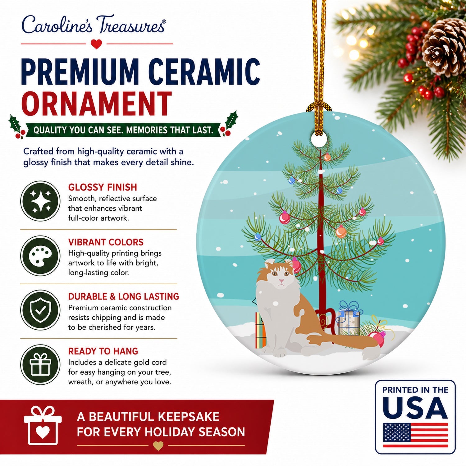 American Curl Cat Christmas Ceramic Ornament Christmas Tree Hanging Decorations for Home Christmas Holiday, Party, Gift, 3 in, Multicolor