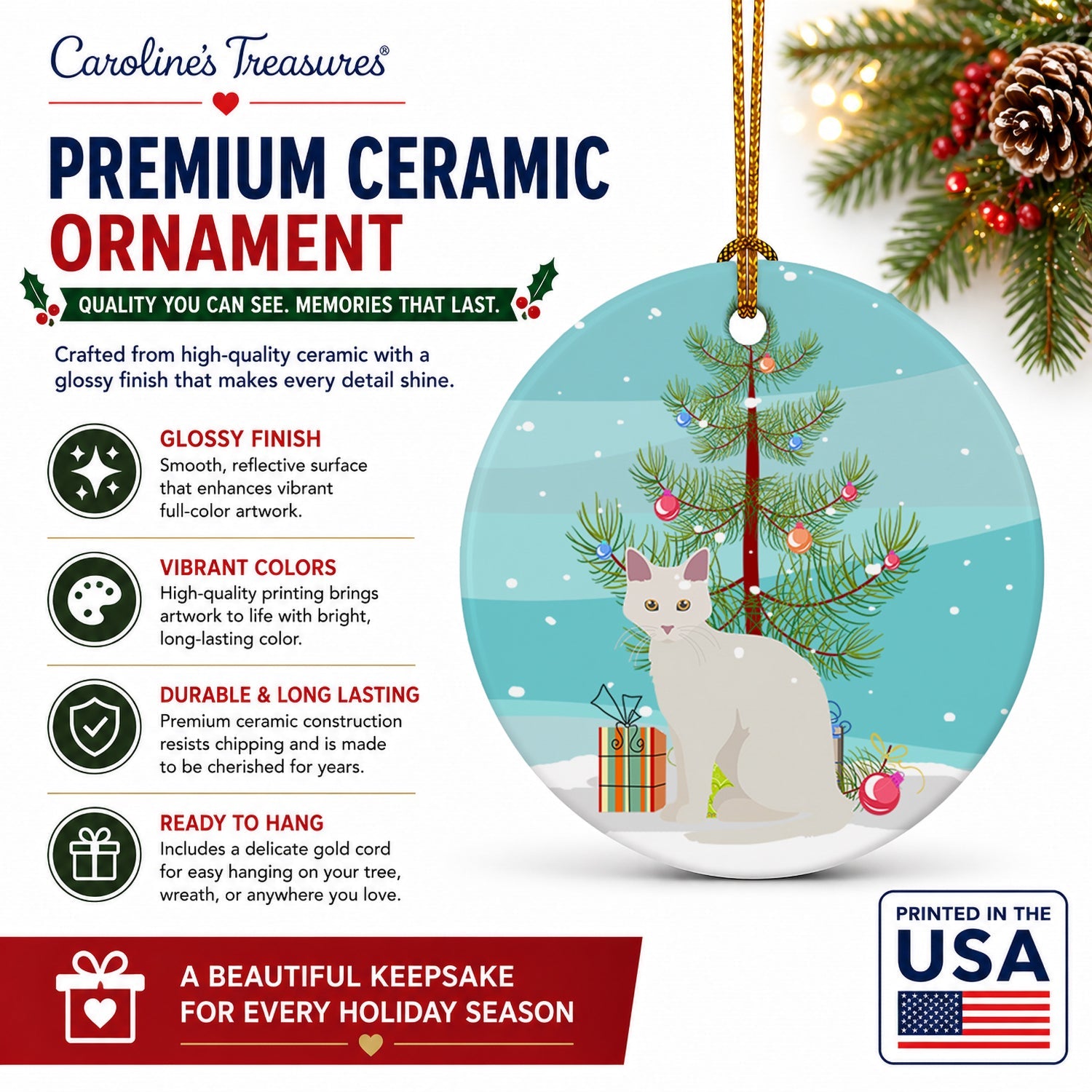 Aphrodite Giant Cat Christmas Ceramic Ornament Christmas Tree Hanging Decorations for Home Christmas Holiday, Party, Gift, 3 in, Multicolor