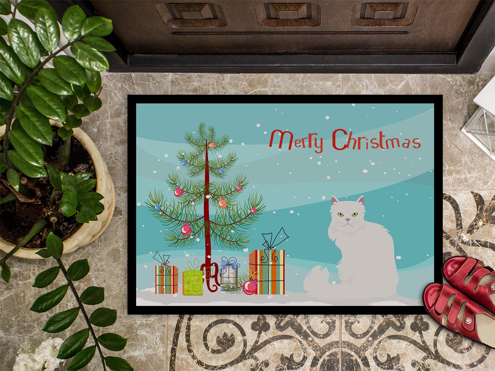 Asian Semi Longhaired Cat Christmas Doormat Indoor Outdoor 24H X 36W Front Door Mat Rugs for Entryway, Non Slip Washable Low Pile,