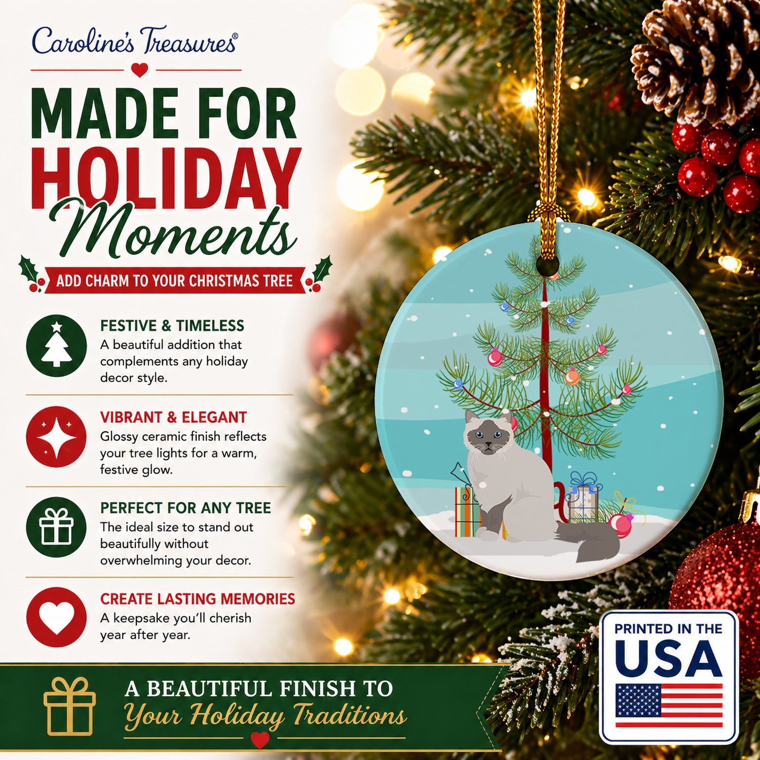 Birman Cat Christmas Ceramic Ornament Christmas Tree Hanging Decorations for Home Christmas Holiday, Party, Gift, 3 in, Multicolor
