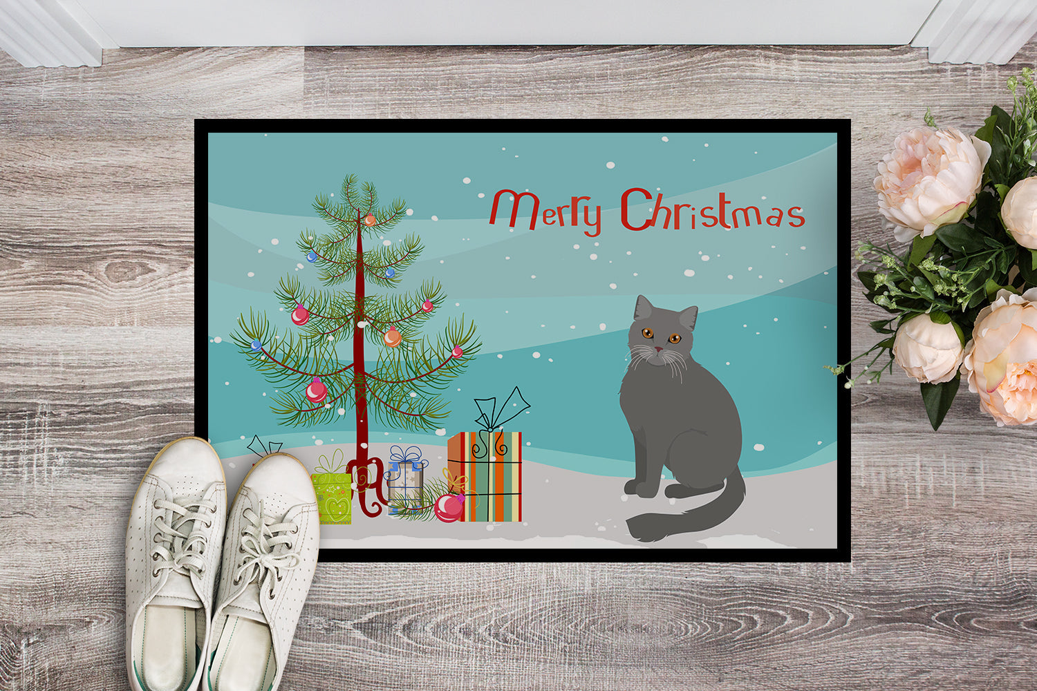 British Semi Longhair Cat Christmas Doormat Indoor Outdoor 24H X 36W Front Door Mat Rugs for Entryway, Non Slip Washable Low Pile,