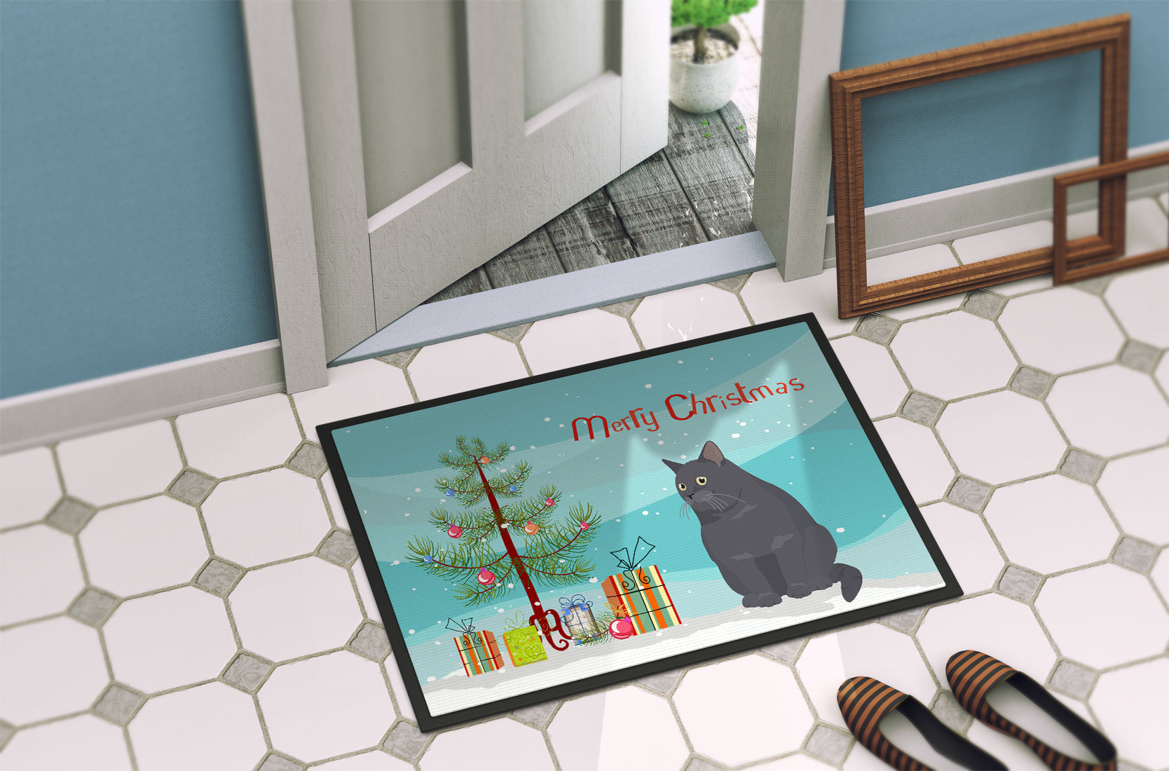 British Shorthair Cat Christmas Doormat Indoor Outdoor 18H X 27W Front Door Mat Rugs for Entryway, Non Slip Washable