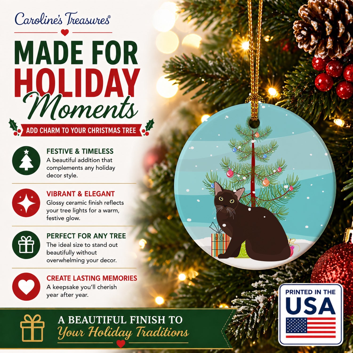 Burmese Cat Christmas Ceramic Ornament Christmas Tree Hanging Decorations for Home Christmas Holiday, Party, Gift, 3 in, Multicolor