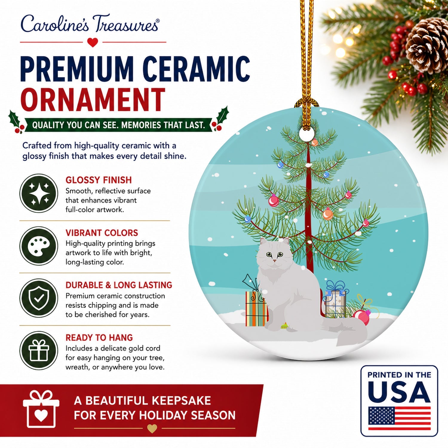 Chinchilla Persian Longhair Cat Christmas Ceramic Ornament Christmas Tree Hanging Decorations for Home Christmas Holiday, Party, Gift, 3 in, Multicolor