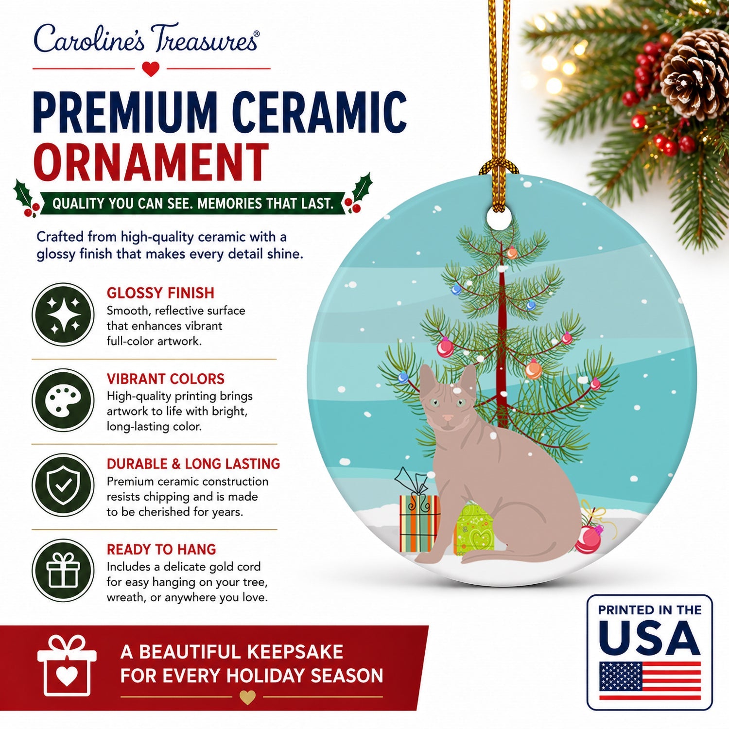 Don Sphynx Cat Christmas Ceramic Ornament Christmas Tree Hanging Decorations for Home Christmas Holiday, Party, Gift, 3 in, Multicolor