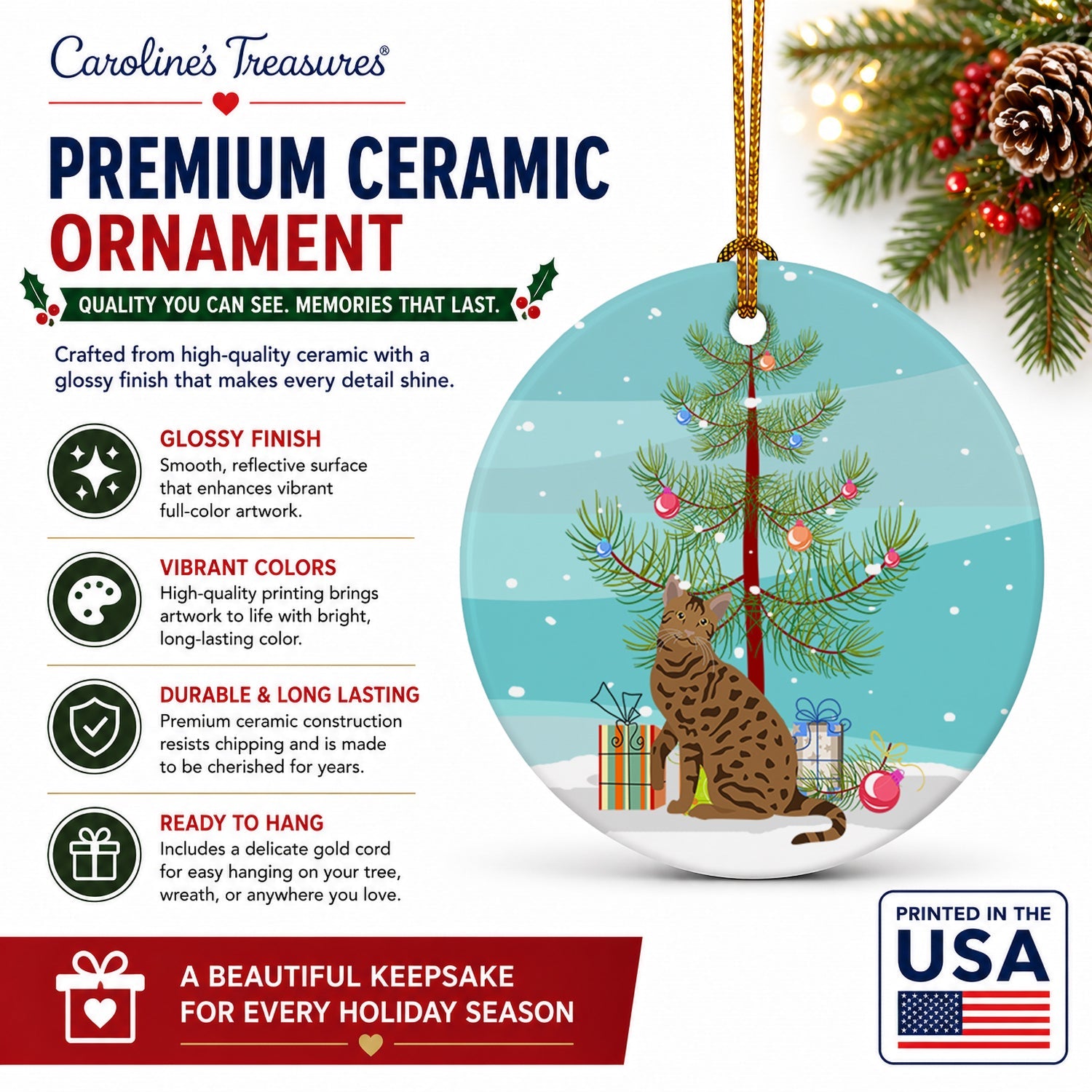 Ocicat Cat Christmas Ceramic Ornament Christmas Tree Hanging Decorations for Home Christmas Holiday, Party, Gift, 3 in, Multicolor