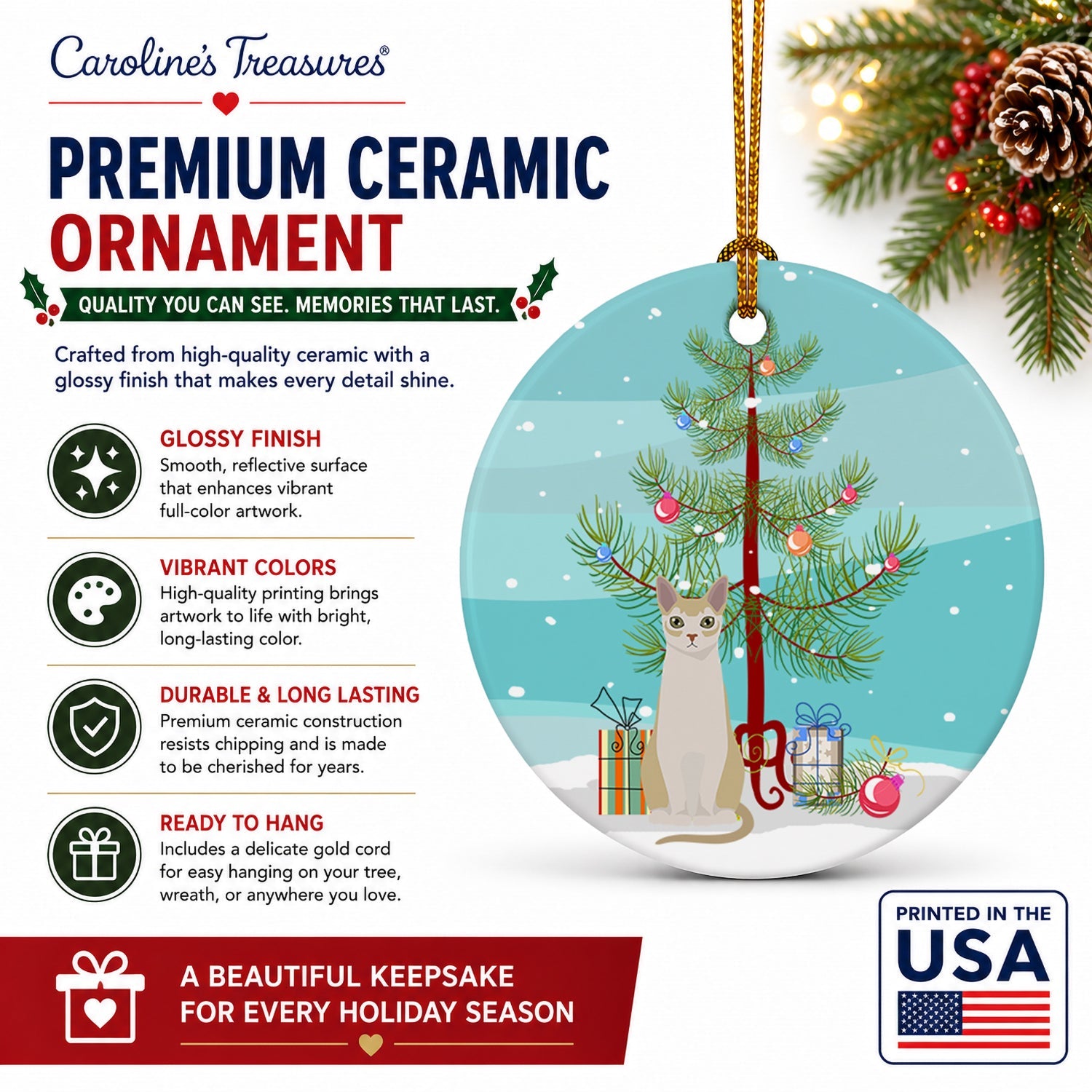 Singapura Cat Christmas Ceramic Ornament Christmas Tree Hanging Decorations for Home Christmas Holiday, Party, Gift, 3 in, Multicolor