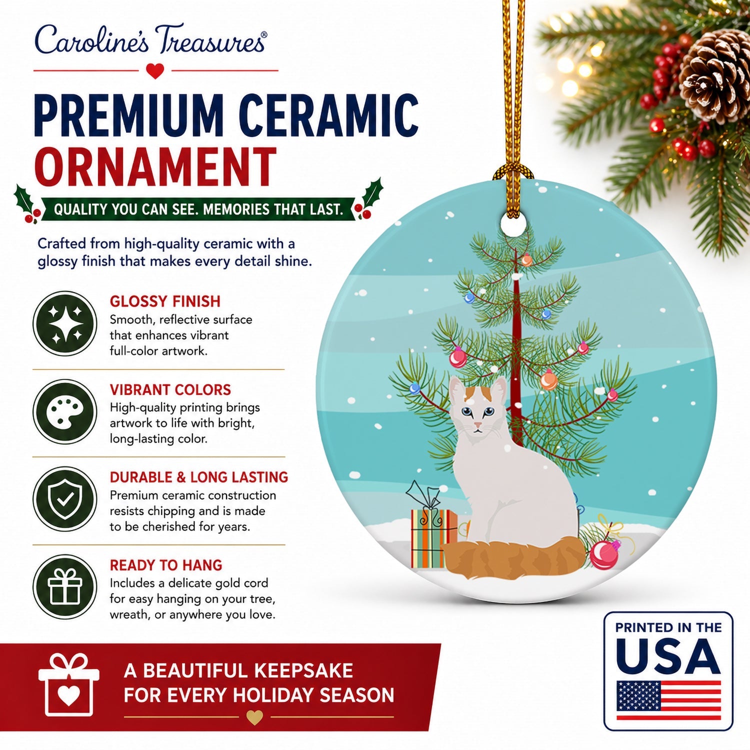Turkish Van Cat Christmas Ceramic Ornament Christmas Tree Hanging Decorations for Home Christmas Holiday, Party, Gift, 3 in, Multicolor