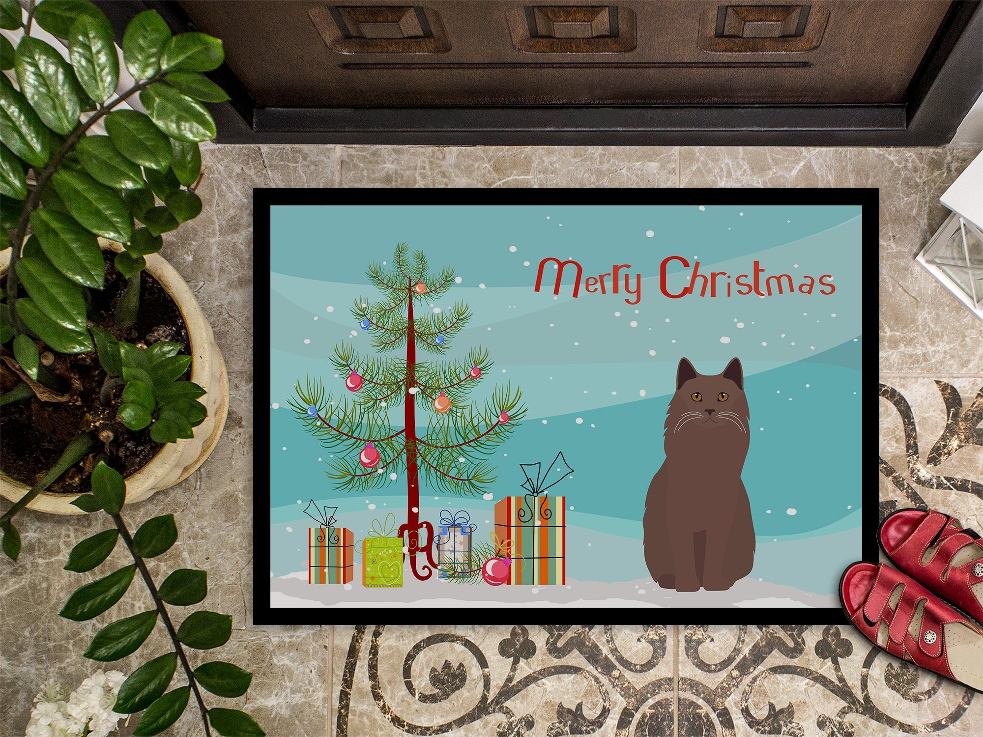 York Chocolate Cat Christmas Doormat Indoor Outdoor 18H X 27W Front Door Mat Rugs for Entryway, Non Slip Washable