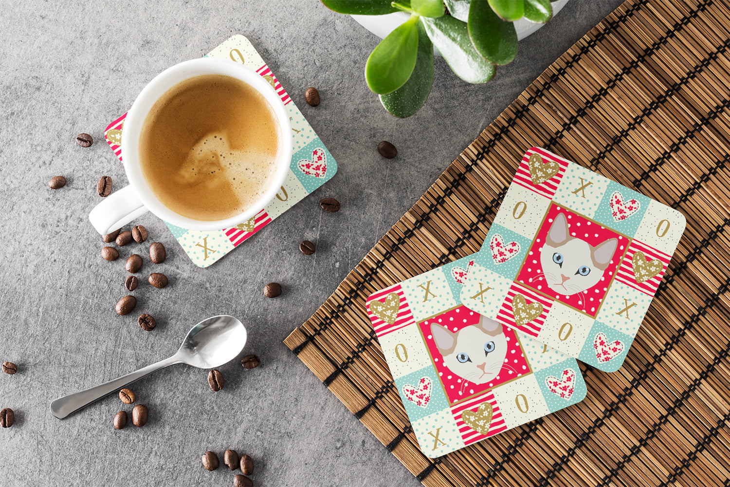 Korean Bobtail Cat Love Foam Coasters Set of 4 Cup Coasters for Indoor Outdoor, Tabletop Protection, Anti Slip, Mouse pad Material