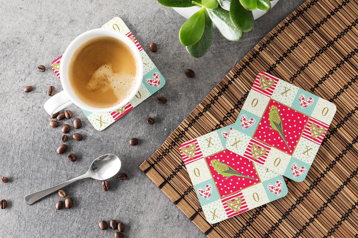Budgerigar Love Foam Coasters Set of 4 Cup Coasters for Indoor Outdoor, Tabletop Protection, Anti Slip, Mouse pad Material