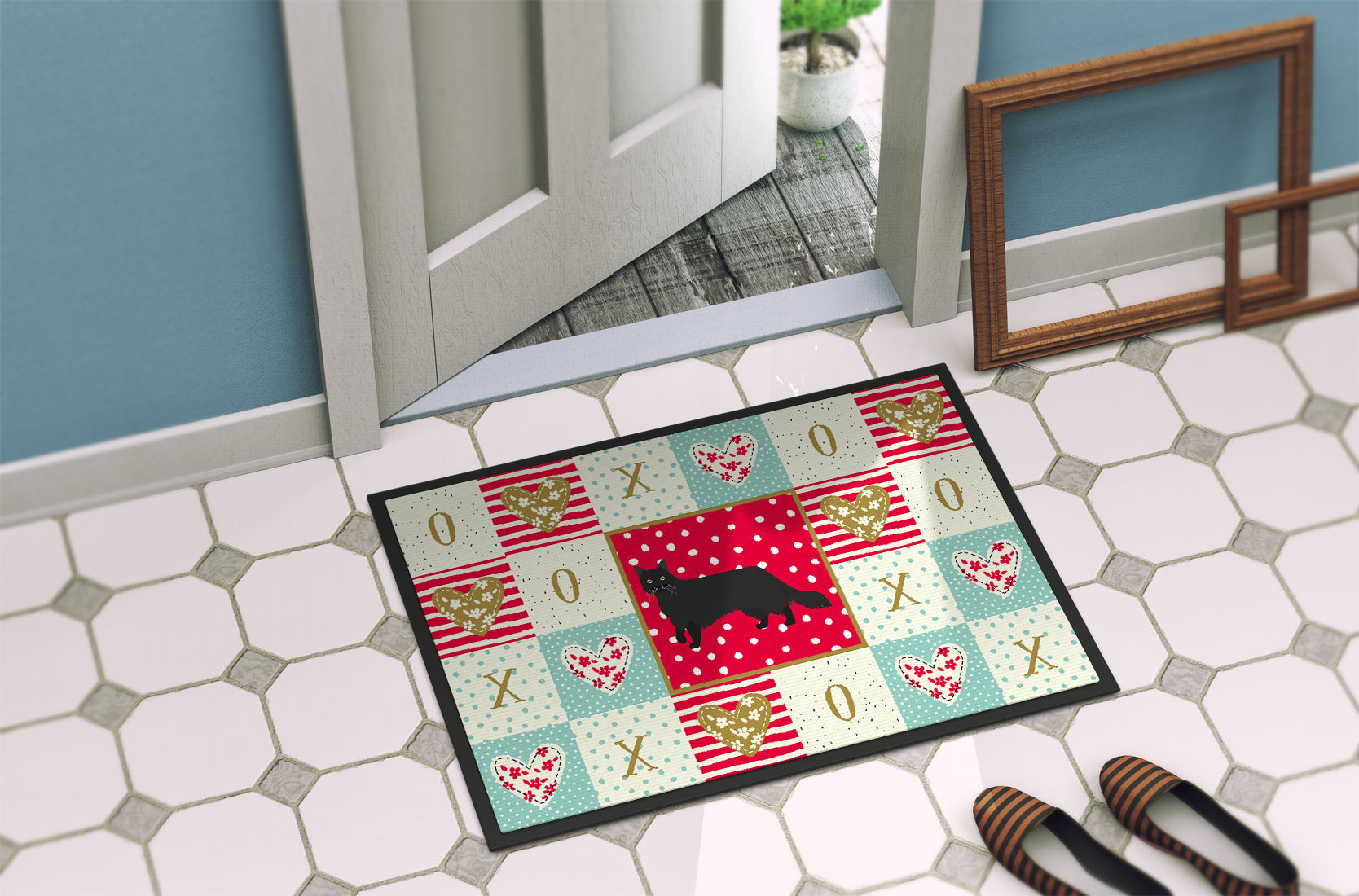 Black Chantilly Tiffany Cat Love Doormat Indoor Outdoor 18H X 27W Front Door Mat Rugs for Entryway, Non Slip Washable