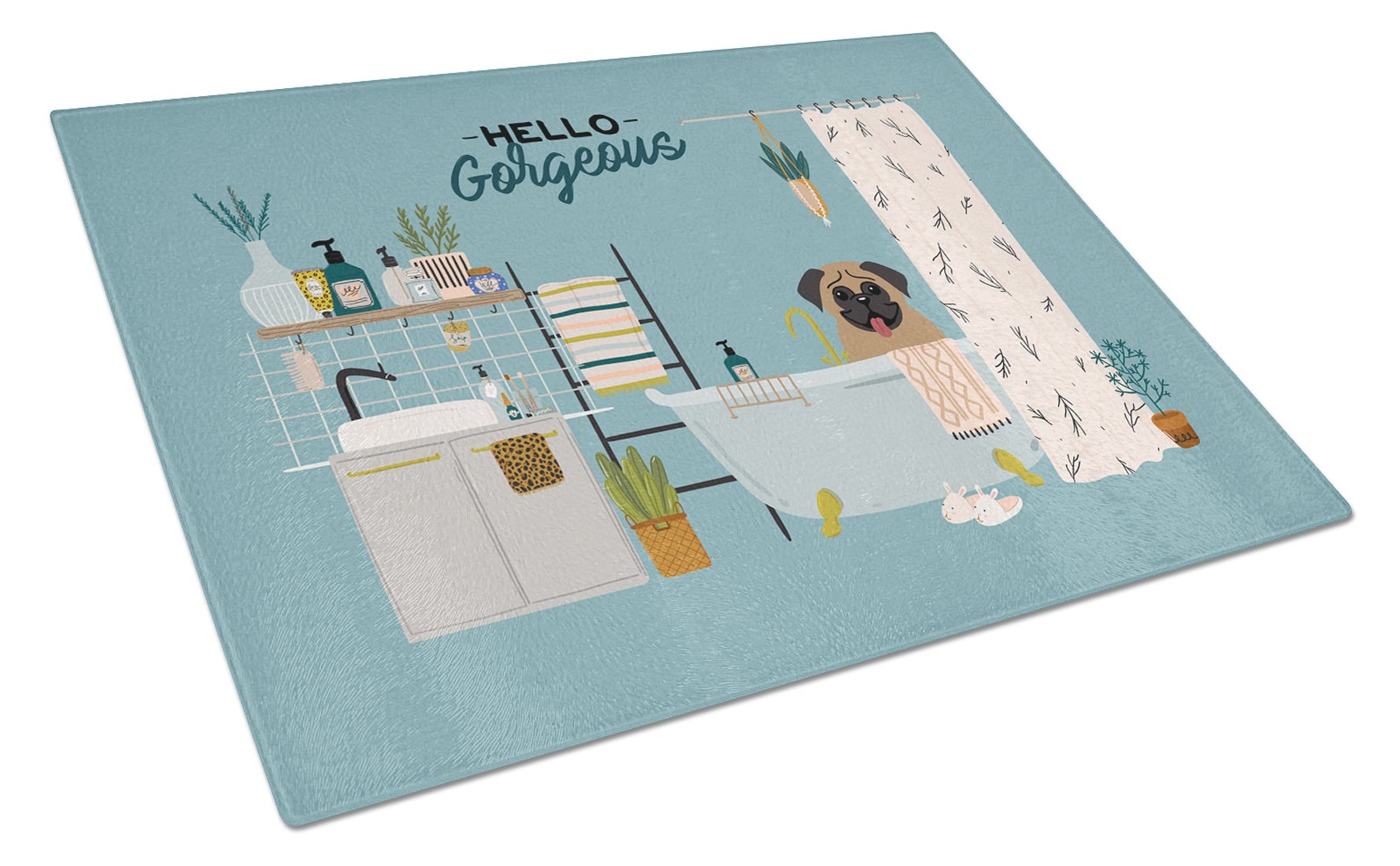 Brown Pug in Bathtub Cutting Board Tempered Glass Kitchen Cutting Surface, Heat Resistant Chopping, Non-Slip Feet, Food Prep & Serving