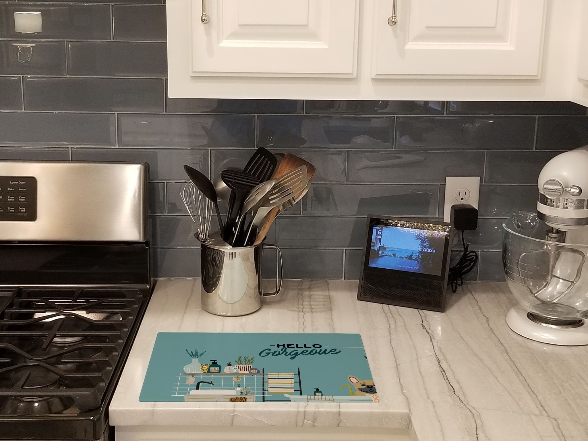 Cream French Bulldog in Bathtub Cutting Board Tempered Glass Kitchen Cutting Surface, Heat Resistant Chopping, Non-Slip Feet, Food Prep & Serving