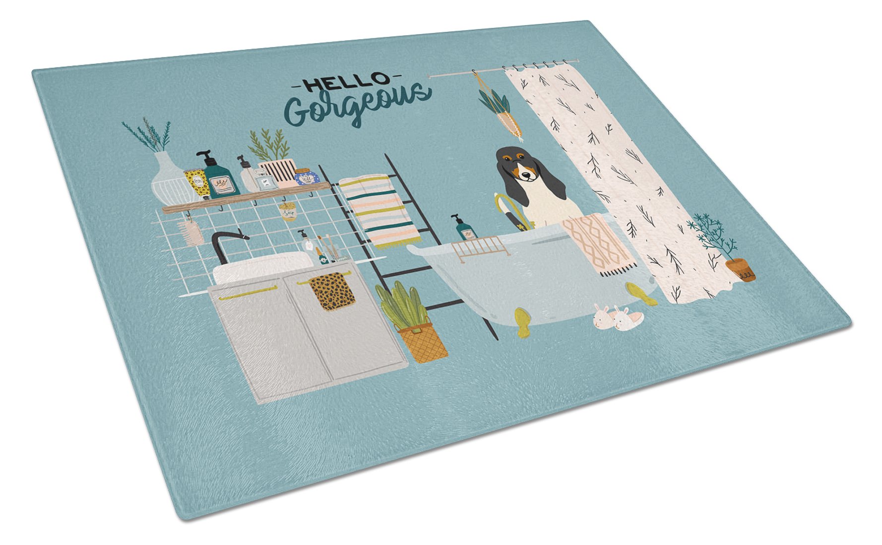 Swiss Hound in Bathtub Cutting Board Tempered Glass Kitchen Cutting Surface, Heat Resistant Chopping, Non-Slip Feet, Food Prep & Serving