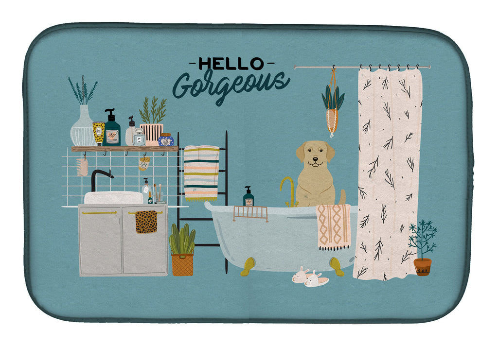 Yellow Labrador in Bathtub Dish Drying Mat Absorbent Dish Drying Mat Pad for Kitchen Counter Dish Drainer Mat for Countertop, 14 x 21", Multicolor