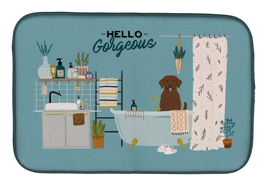 Chocolate Labrador in Bathtub Dish Drying Mat Absorbent Dish Drying Mat Pad for Kitchen Counter Dish Drainer Mat for Countertop, 14 x 21", Multicolor