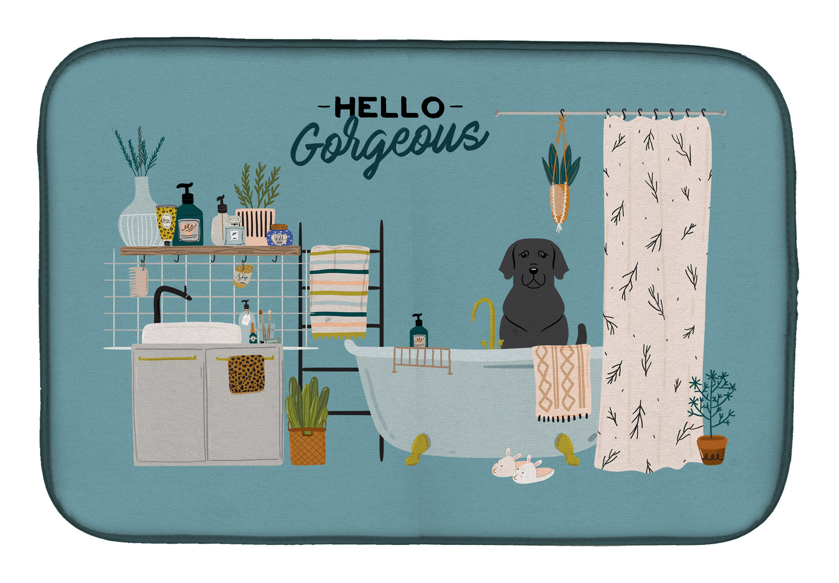 Black Labrador in Bathtub Dish Drying Mat Absorbent Dish Drying Mat Pad for Kitchen Counter Dish Drainer Mat for Countertop, 14 x 21", Multicolor