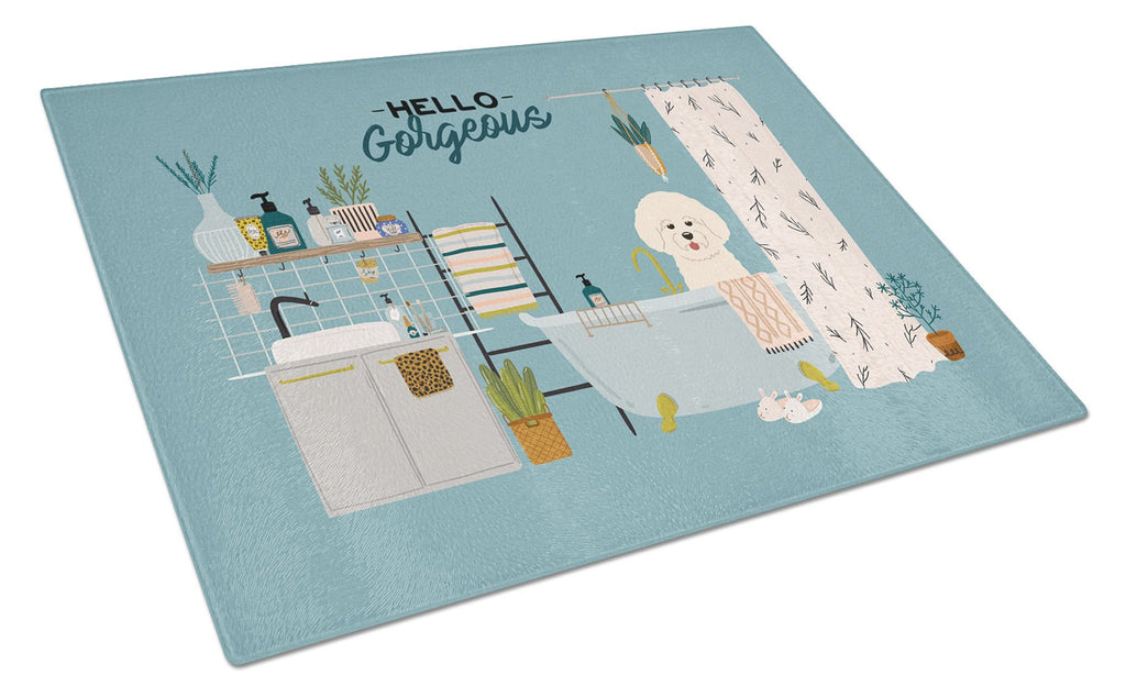 Bichon Frise in Bathtub Cutting Board Tempered Glass Kitchen Cutting Surface, Heat Resistant Chopping, Non-Slip Feet, Food Prep & Serving