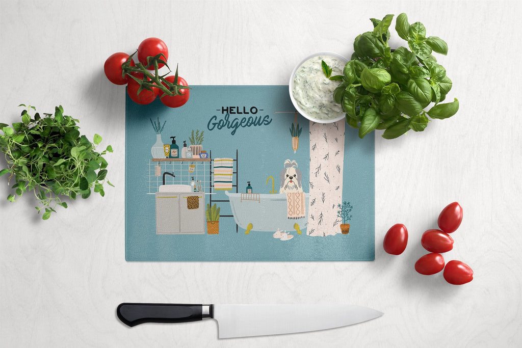 Silver White Shih Tzu in Bathtub Cutting Board Tempered Glass Kitchen Cutting Surface, Heat Resistant Chopping, Non-Slip Feet, Food Prep & Serving