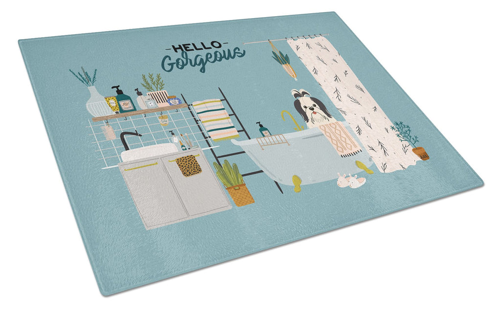 Black White Shih Tzu in Bathtub Cutting Board Tempered Glass Kitchen Cutting Surface, Heat Resistant Chopping, Non-Slip Feet, Food Prep & Serving