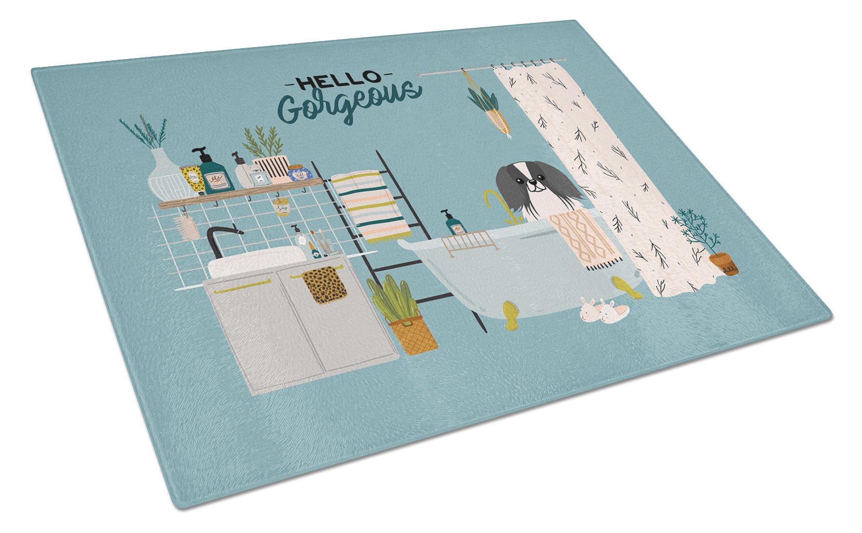 Black White Pekingese in Bathtub Cutting Board Tempered Glass Kitchen Cutting Surface, Heat Resistant Chopping, Non-Slip Feet, Food Prep & Serving