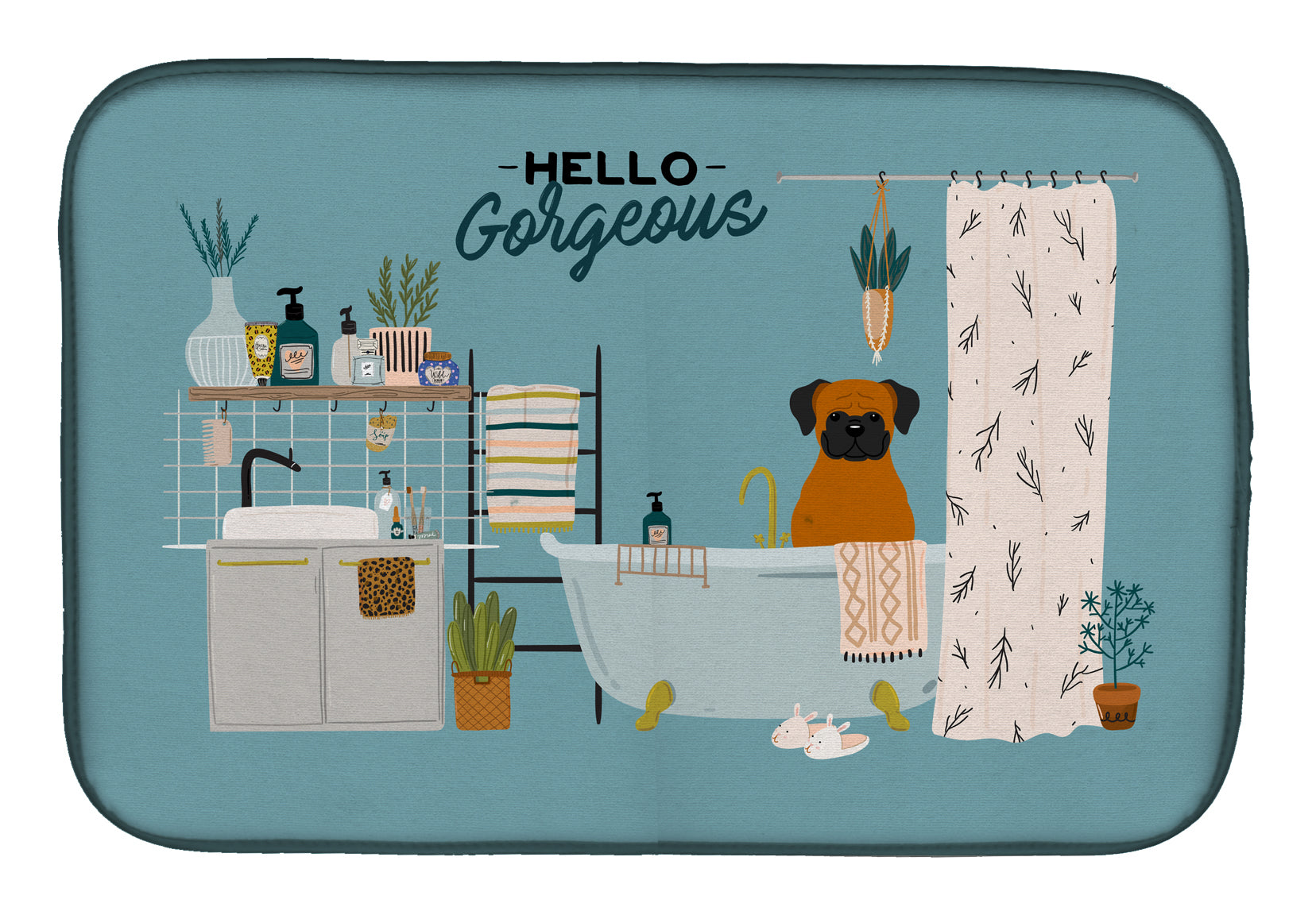 Fawn Boxer in Bathtub Dish Drying Mat Absorbent Dish Drying Mat Pad for Kitchen Counter Dish Drainer Mat for Countertop, 14 x 21", Multicolor