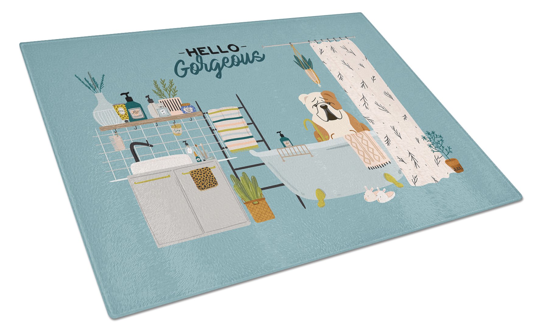 Fawn White English Bulldog in Bathtub Cutting Board Tempered Glass Kitchen Cutting Surface, Heat Resistant Chopping, Non-Slip Feet, Food Prep & Serving