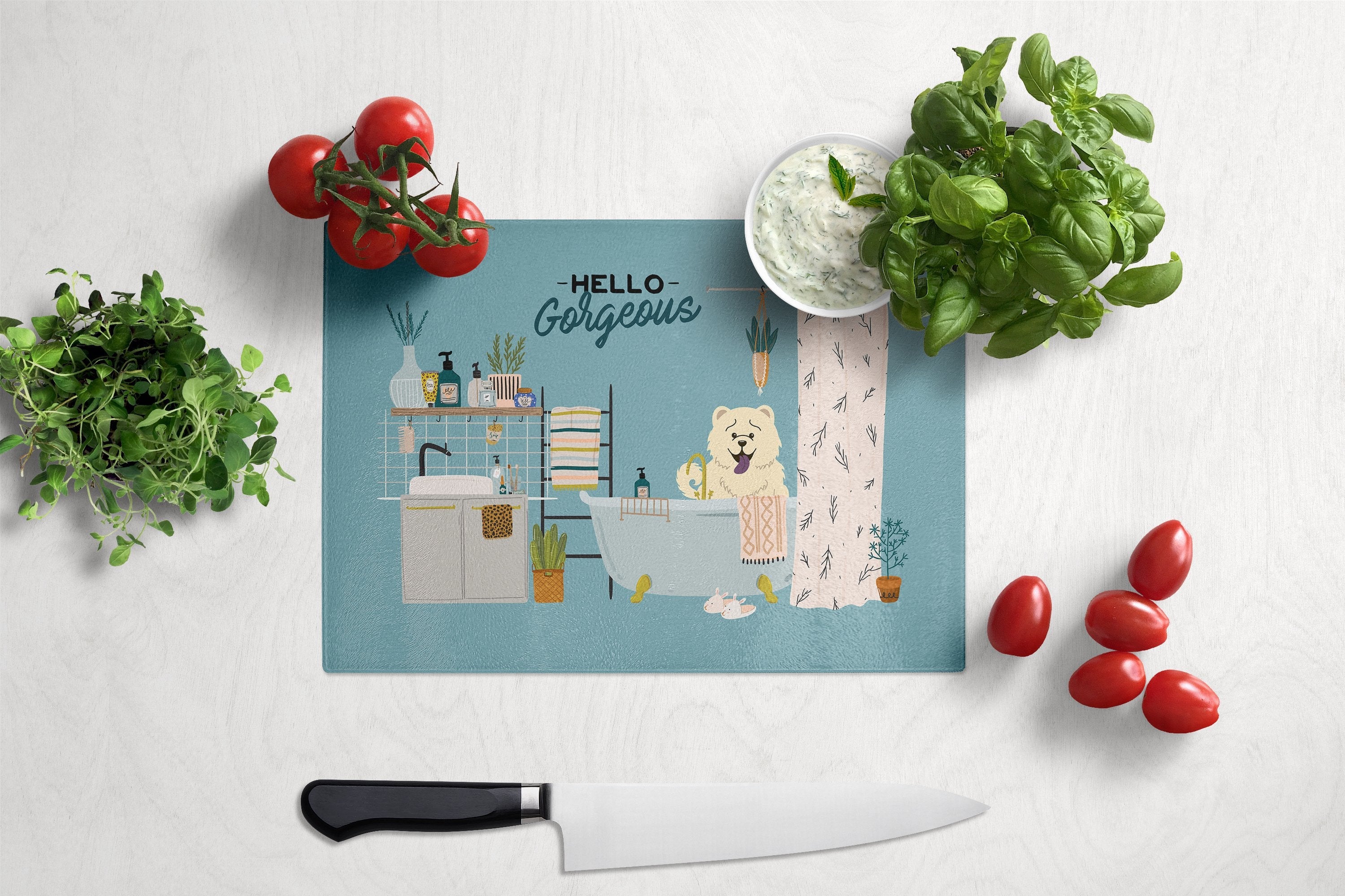 White Chow Chow in Bathtub Cutting Board Tempered Glass Kitchen Cutting Surface, Heat Resistant Chopping, Non-Slip Feet, Food Prep & Serving
