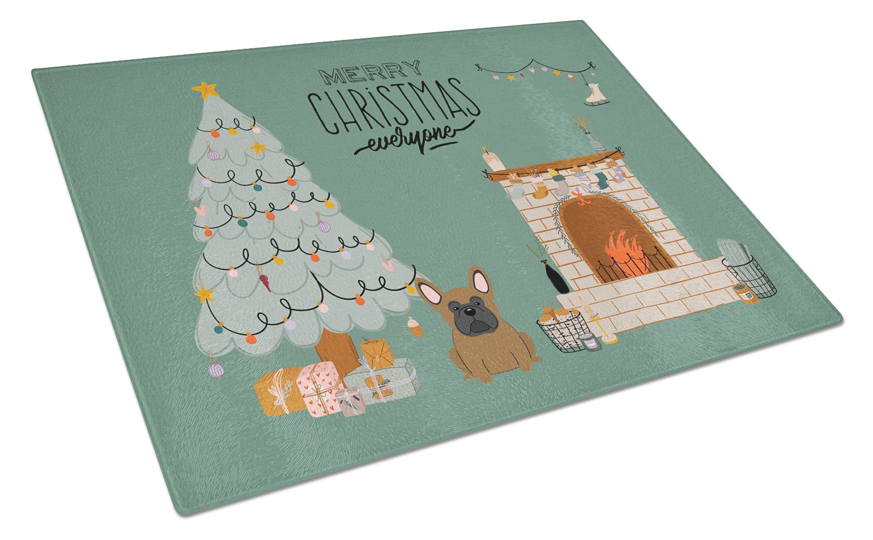 Brown French Bulldog Christmas Everyone Cutting Board Tempered Glass Kitchen Cutting Surface, Heat Resistant Chopping, Non-Slip Feet, Food Prep & Serving