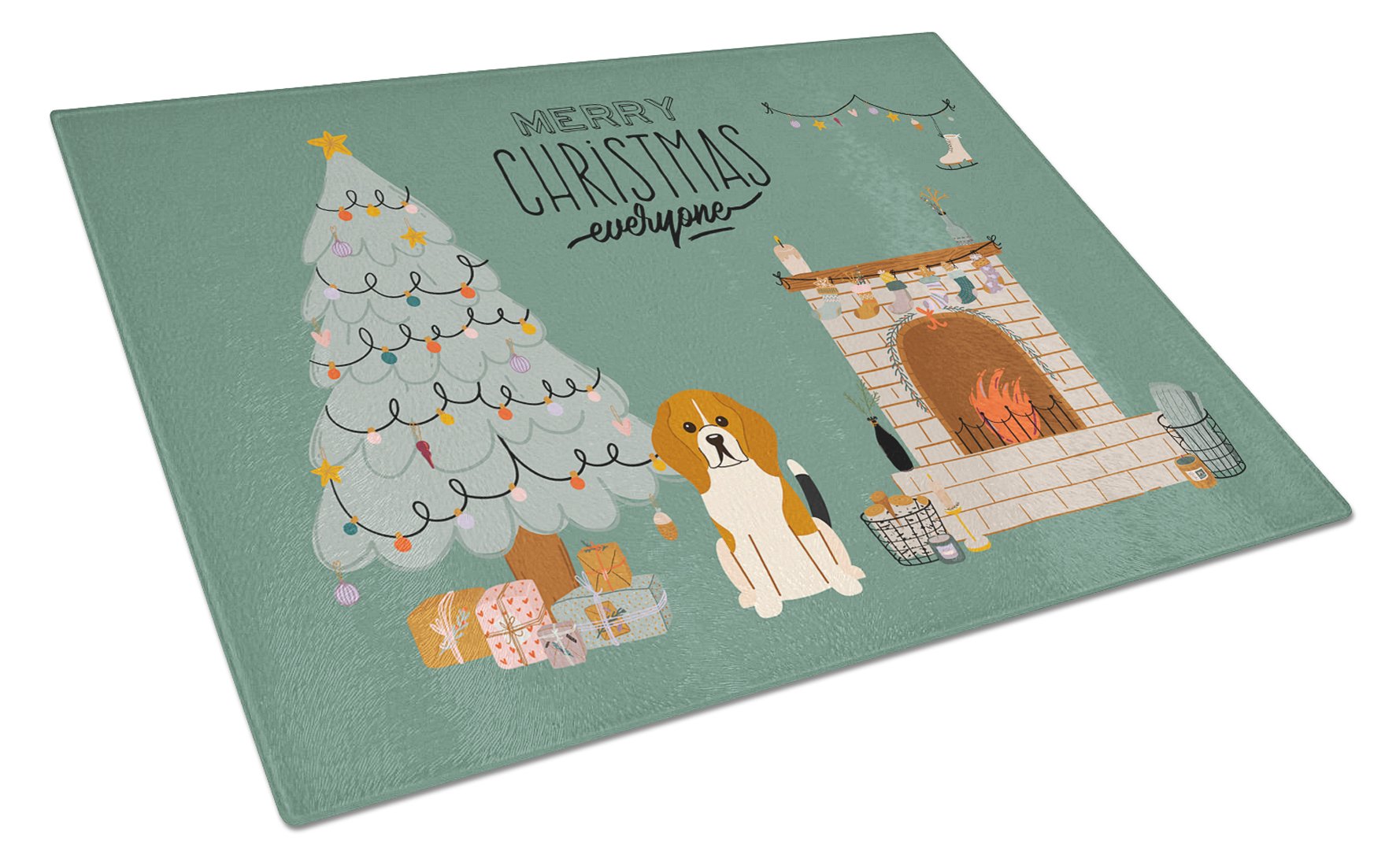 Tricolor Beagle Christmas Everyone Cutting Board Tempered Glass Kitchen Cutting Surface, Heat Resistant Chopping, Non-Slip Feet, Food Prep & Serving