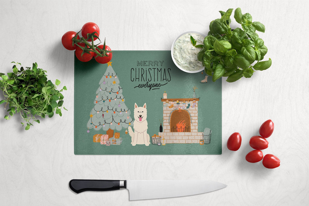 White German Shepherd Christmas Everyone Cutting Board Tempered Glass Kitchen Cutting Surface, Heat Resistant Chopping, Non-Slip Feet, Food Prep & Serving