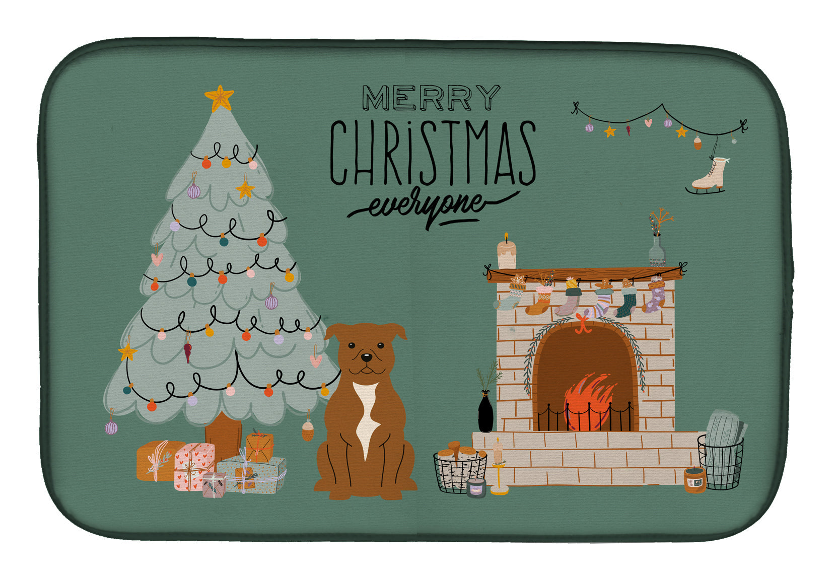 Brown Staffordshire Bull Terrier Christmas Everyone Dish Drying Mat Absorbent Dish Drying Mat Pad for Kitchen Counter Dish Drainer Mat for Countertop, 14 x 21", Multicolor