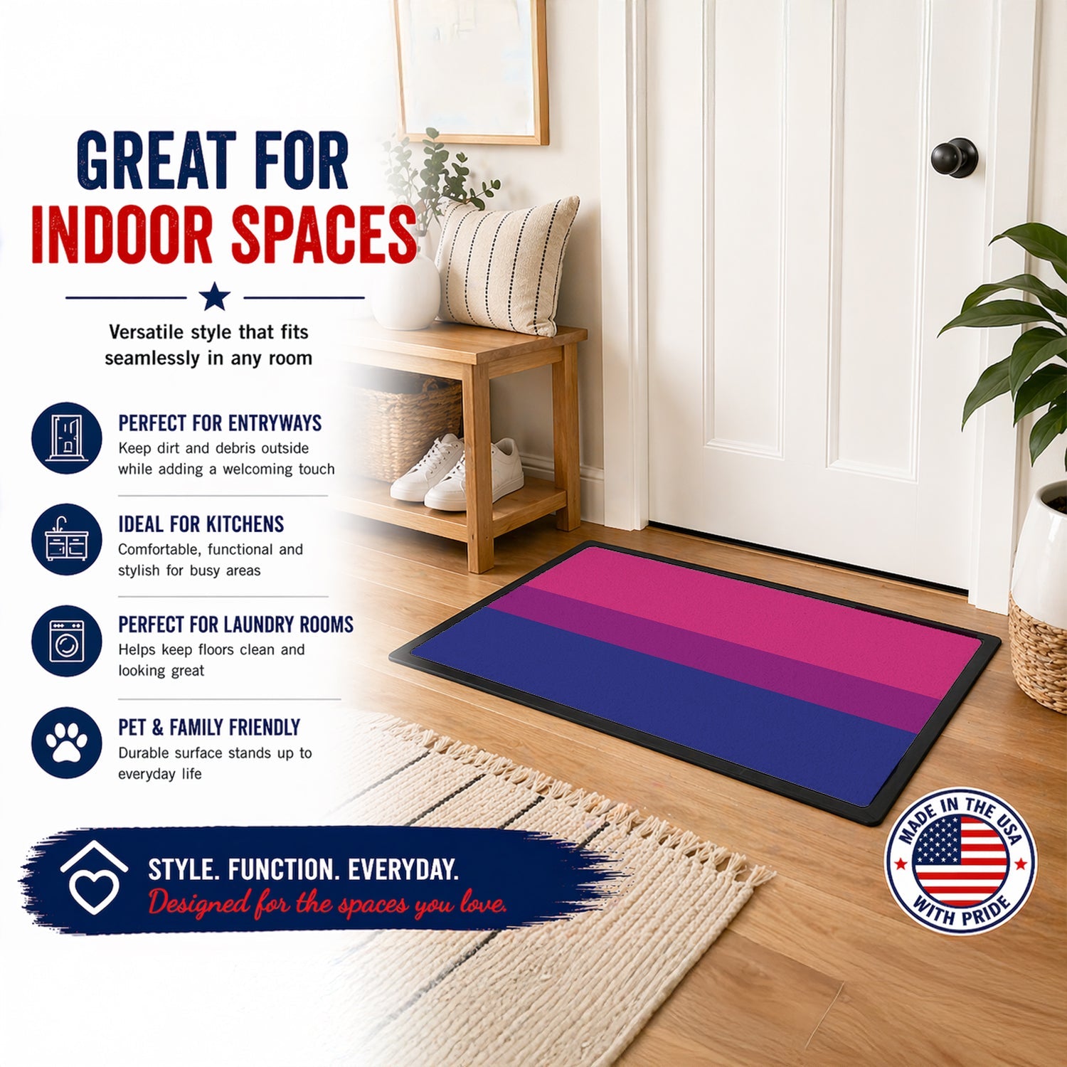 Bisexual Pride Doormat Indoor Outdoor 24H X 36W Front Door Mat Rugs for Entryway, Non Slip Washable Low Pile,