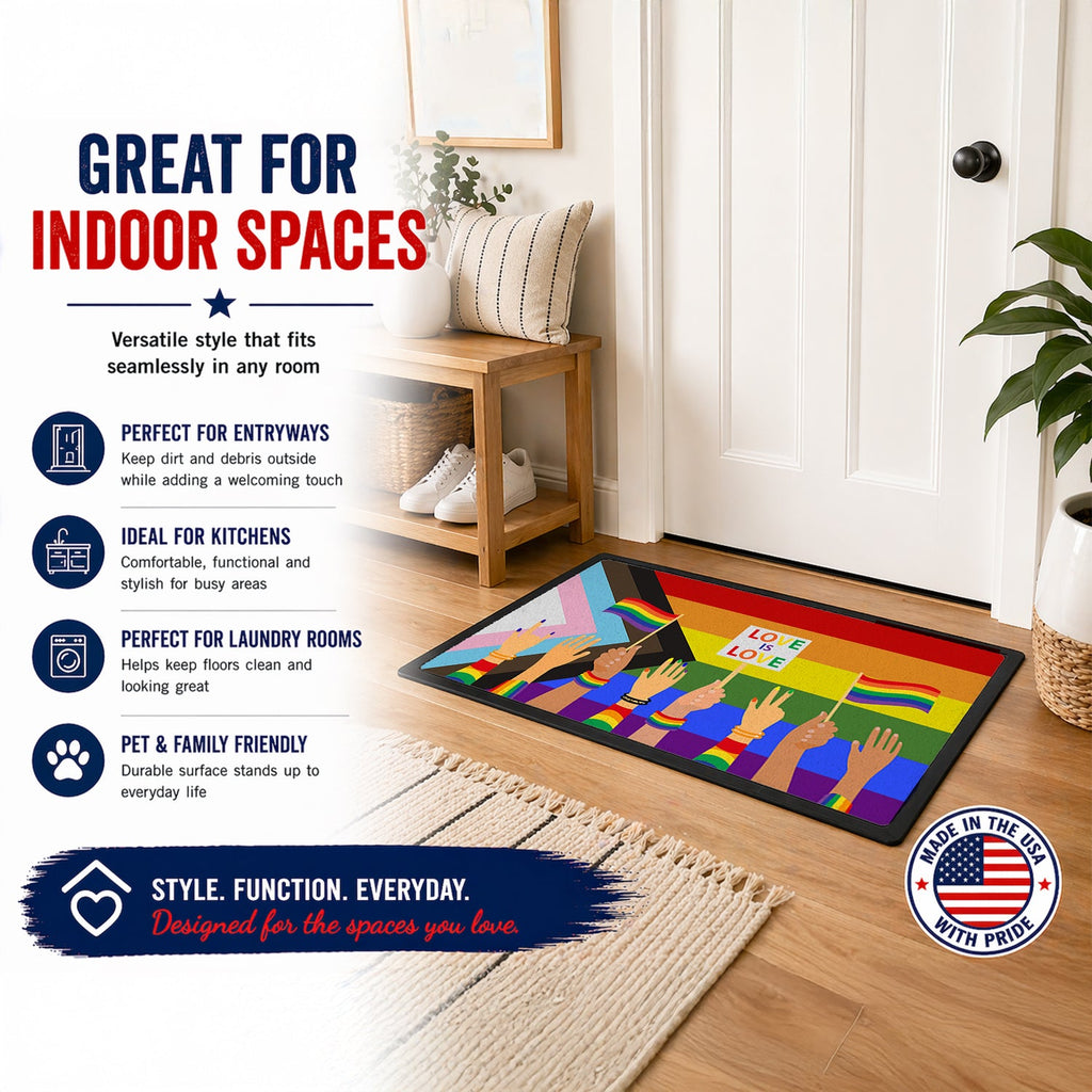 Gay Pride Parade Progress Pride Doormat Indoor Outdoor 24H X 36W Front Door Mat Rugs for Entryway, Non Slip Washable Low Pile,