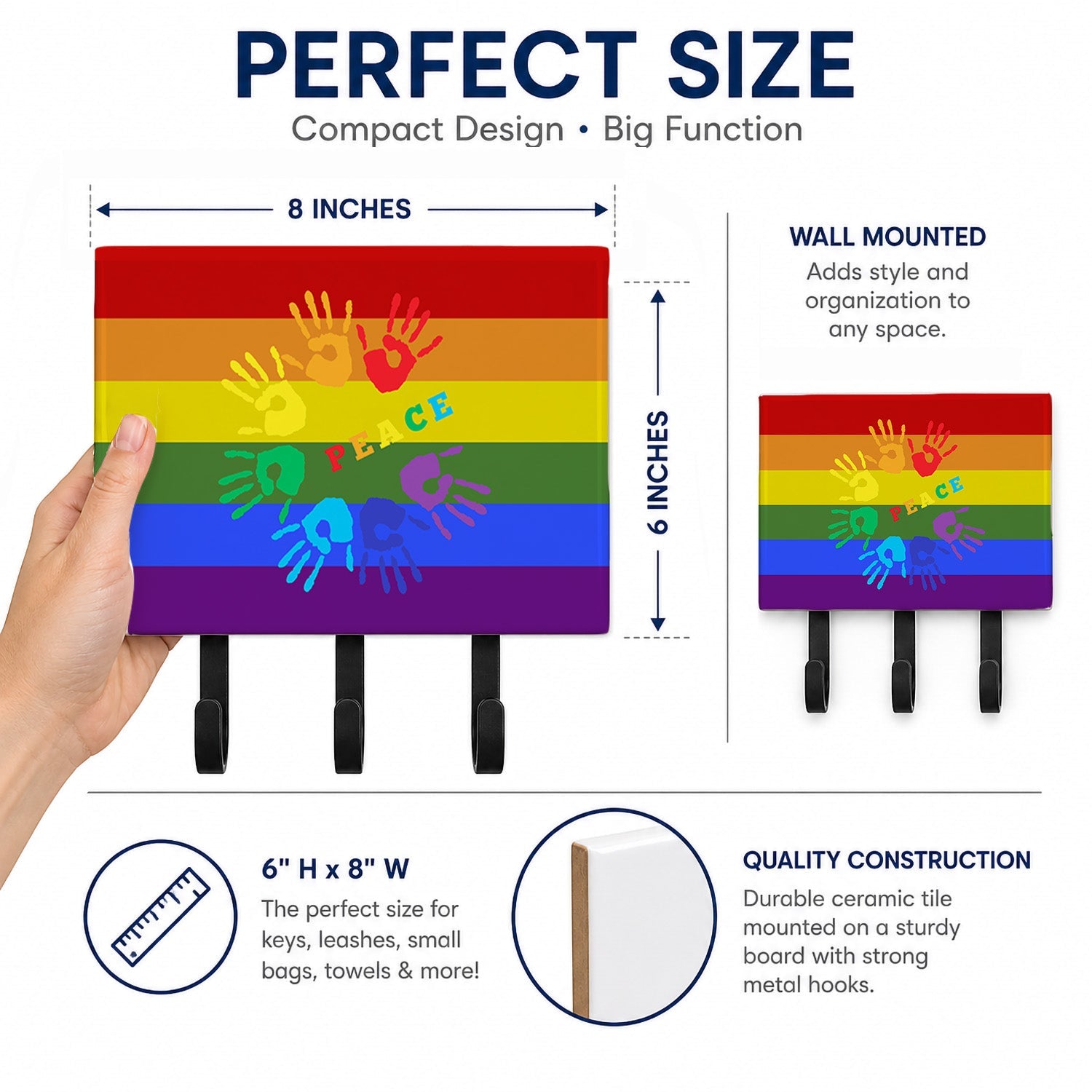 Gay Pride Peace Hands Leash or Key Holder Wall Hooks, Coat Rack Wall Mount, for Hanging Keys, Towels, Aprons, Leashes