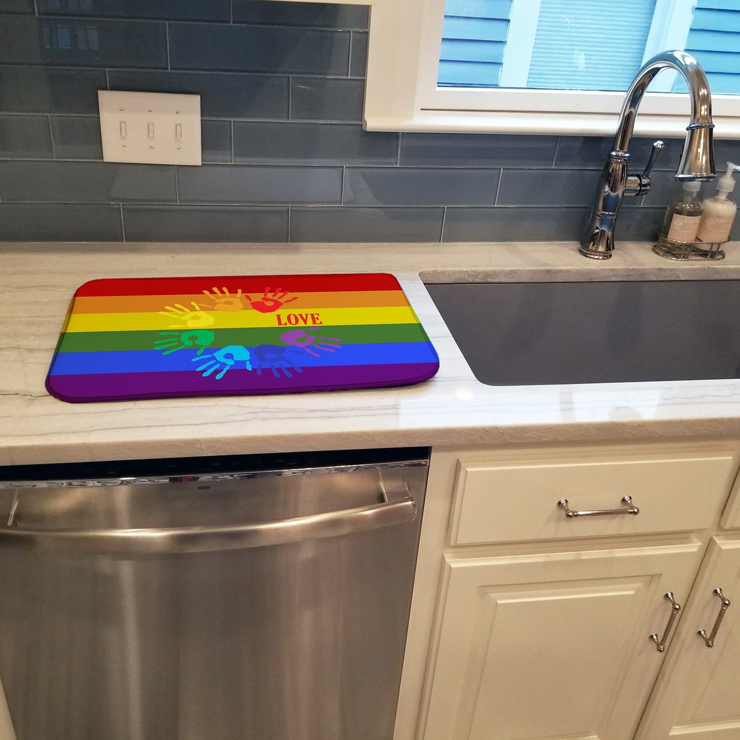 Gay Pride Love Hands Dish Drying Mat Absorbent Dish Drying Mat Pad for Kitchen Counter Dish Drainer Mat for Countertop, 14 x 21", Multicolor